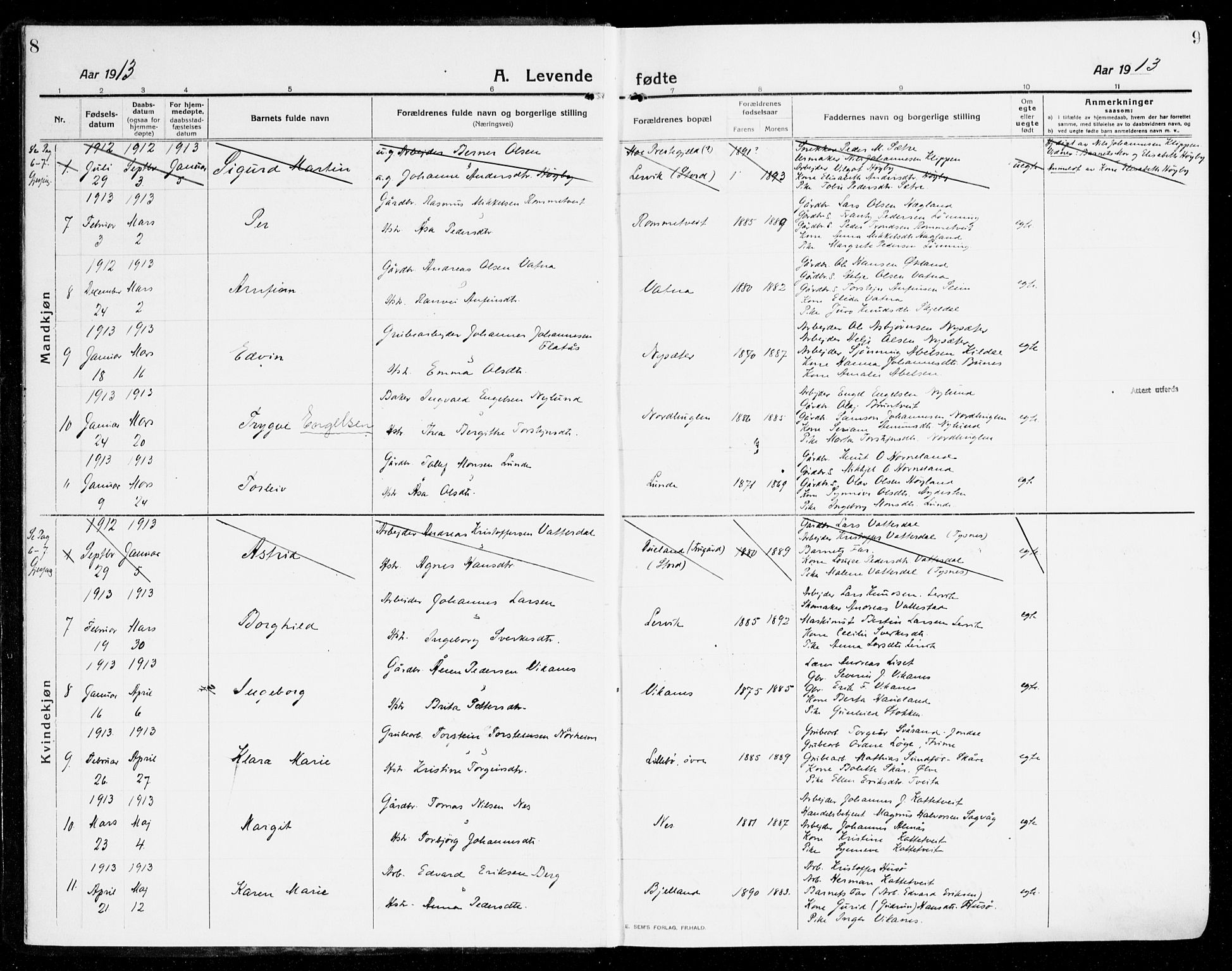Stord sokneprestembete, SAB/A-78201/H/Haa: Parish register (official) no. B 3, 1913-1925, p. 8-9