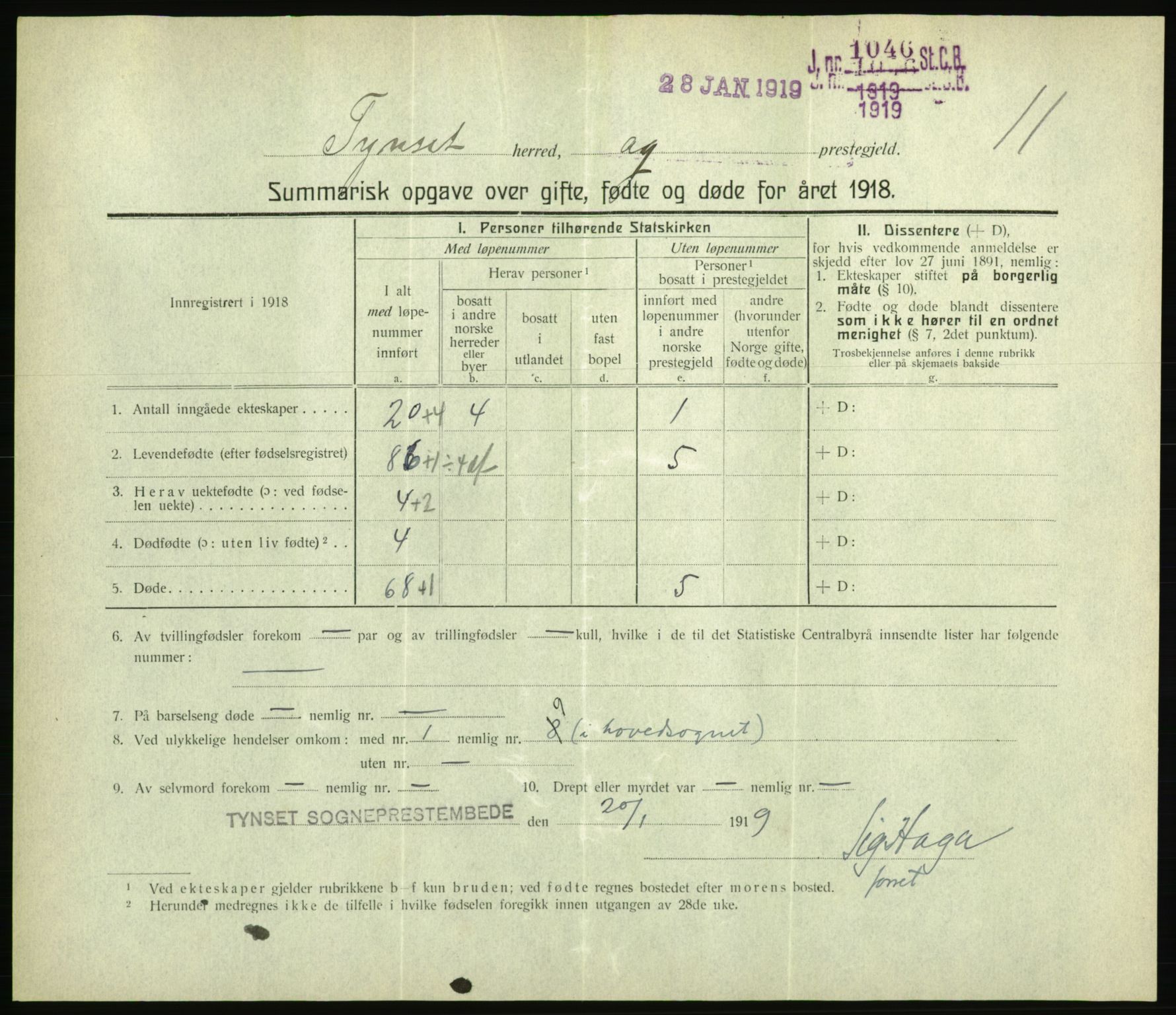 Statistisk sentralbyrå, Sosiodemografiske emner, Befolkning, RA/S-2228/D/Df/Dfb/Dfbh/L0059: Summariske oppgaver over gifte, fødte og døde for hele landet., 1918, p. 295