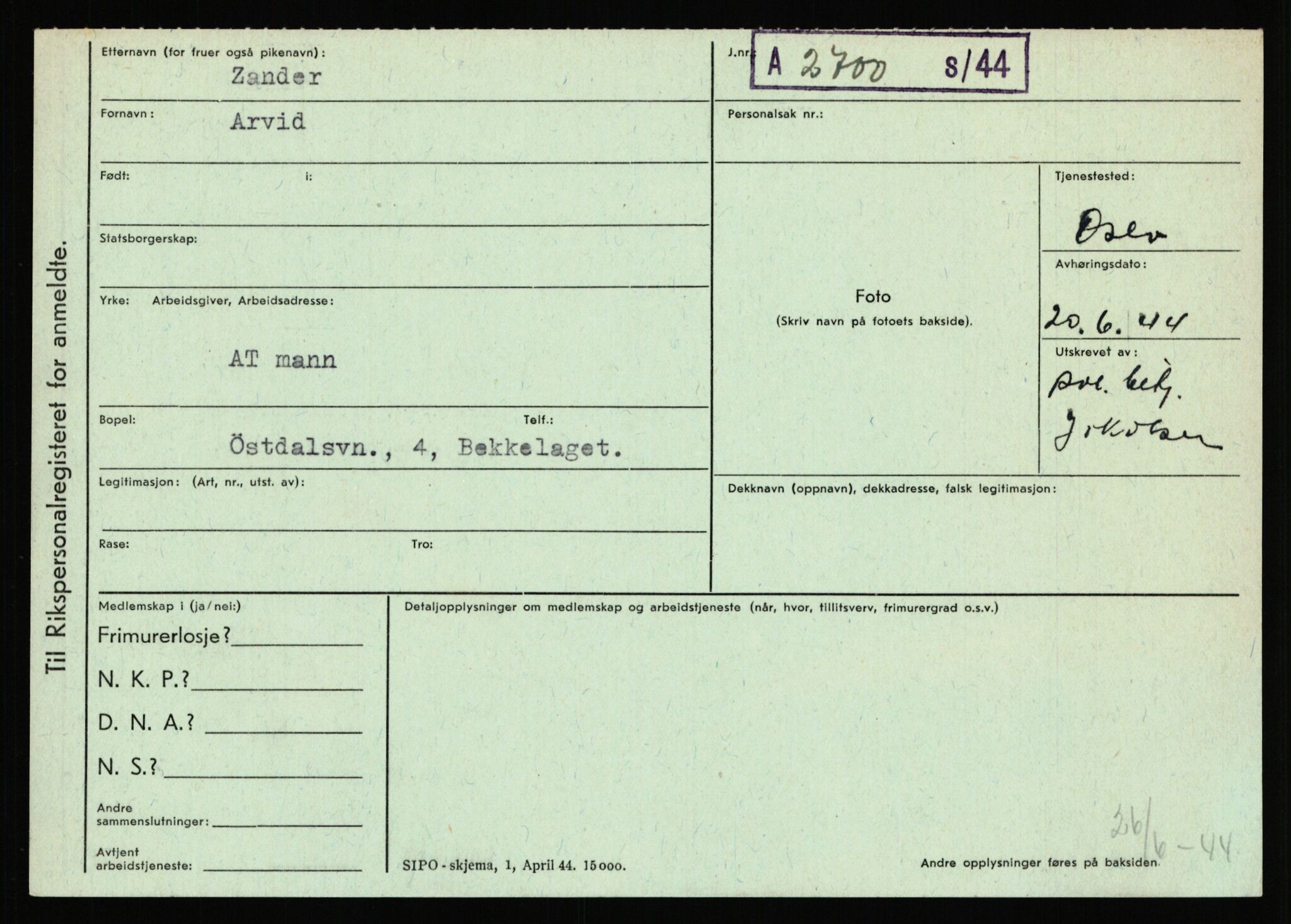 Statspolitiet - Hovedkontoret / Osloavdelingen, AV/RA-S-1329/C/Ca/L0016: Uberg - Øystese, 1943-1945, p. 3288