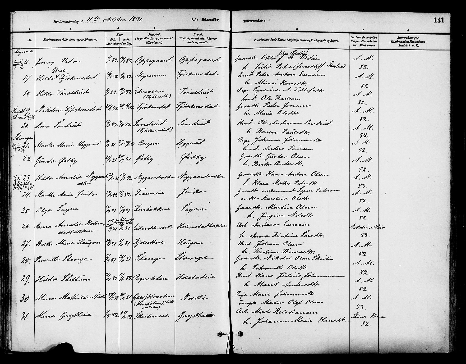 Østre Toten prestekontor, SAH/PREST-104/H/Ha/Haa/L0007: Parish register (official) no. 7, 1881-1896, p. 141