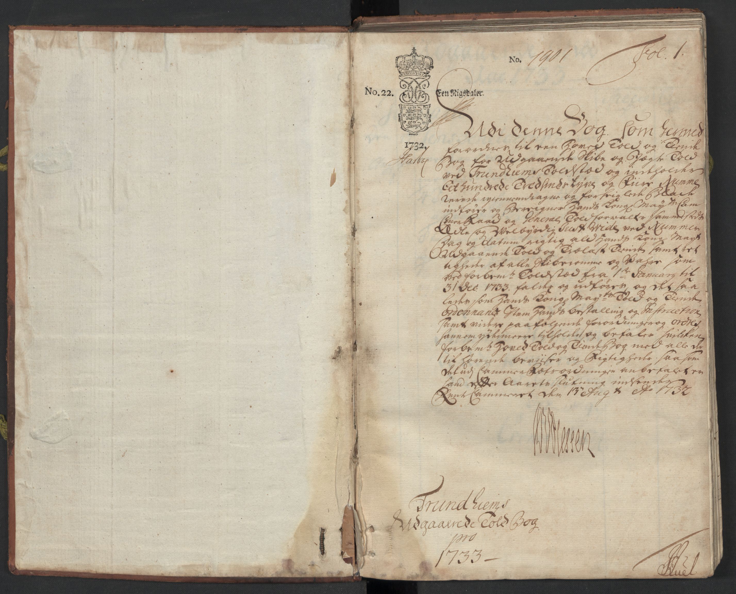 Generaltollkammeret, tollregnskaper, AV/RA-EA-5490/R33/L0015/0002: Tollregnskaper Trondheim A / Utgående tollbok, 1733, p. 1a