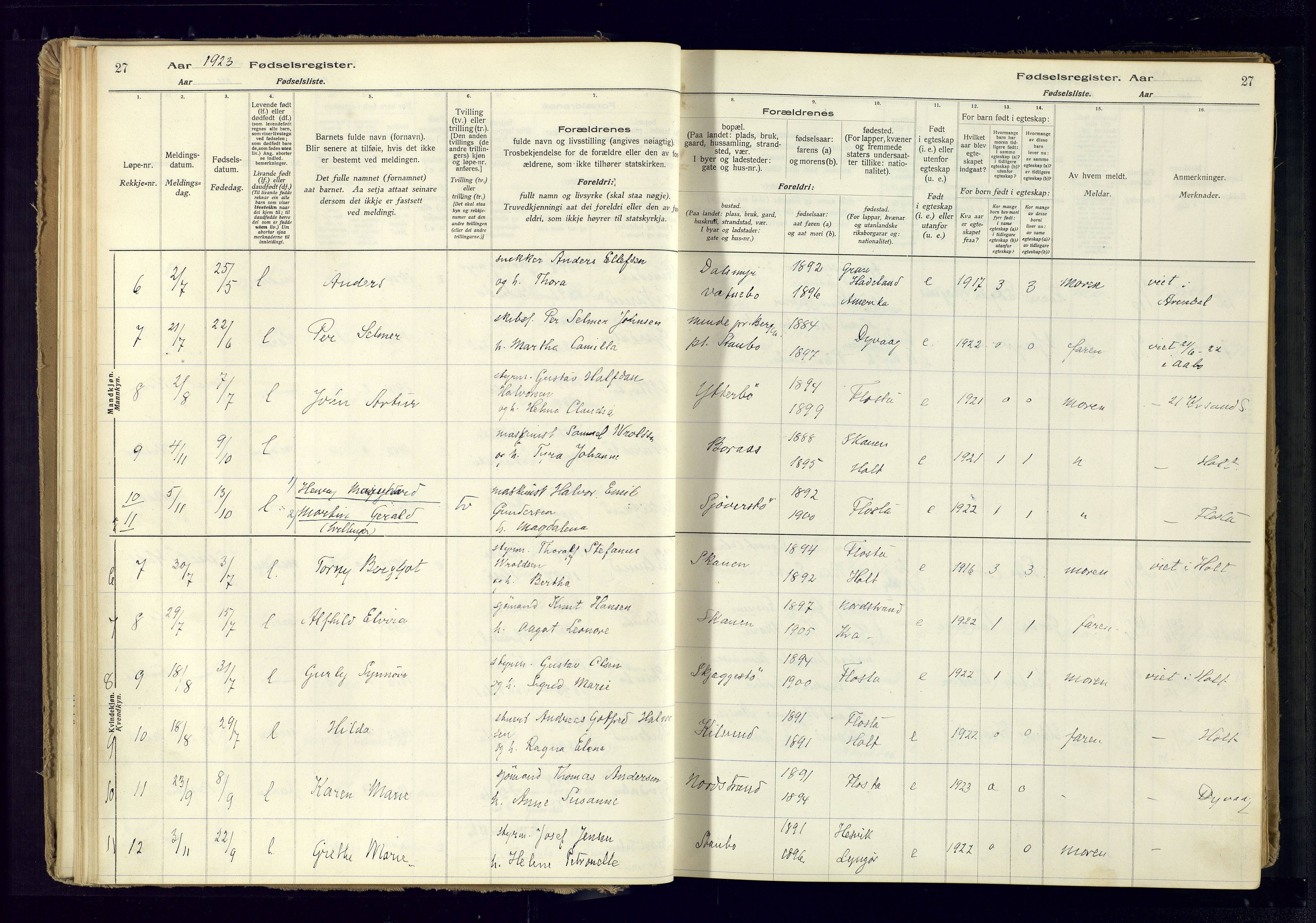 Austre Moland sokneprestkontor, SAK/1111-0001/J/Ja/L0005: Birth register no. A-VI-29, 1916-1982, p. 27