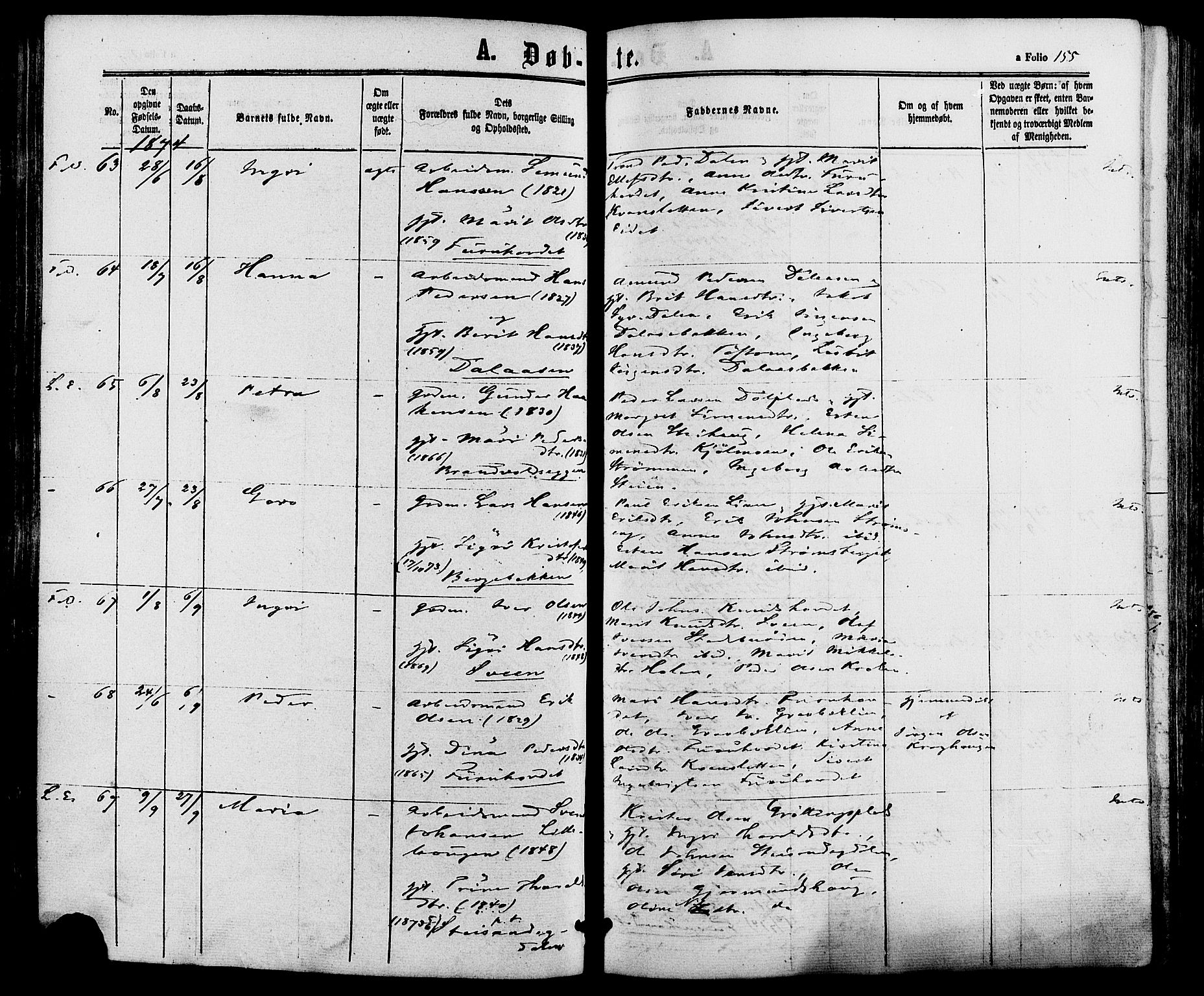 Alvdal prestekontor, AV/SAH-PREST-060/H/Ha/Haa/L0001: Parish register (official) no. 1, 1863-1882, p. 155