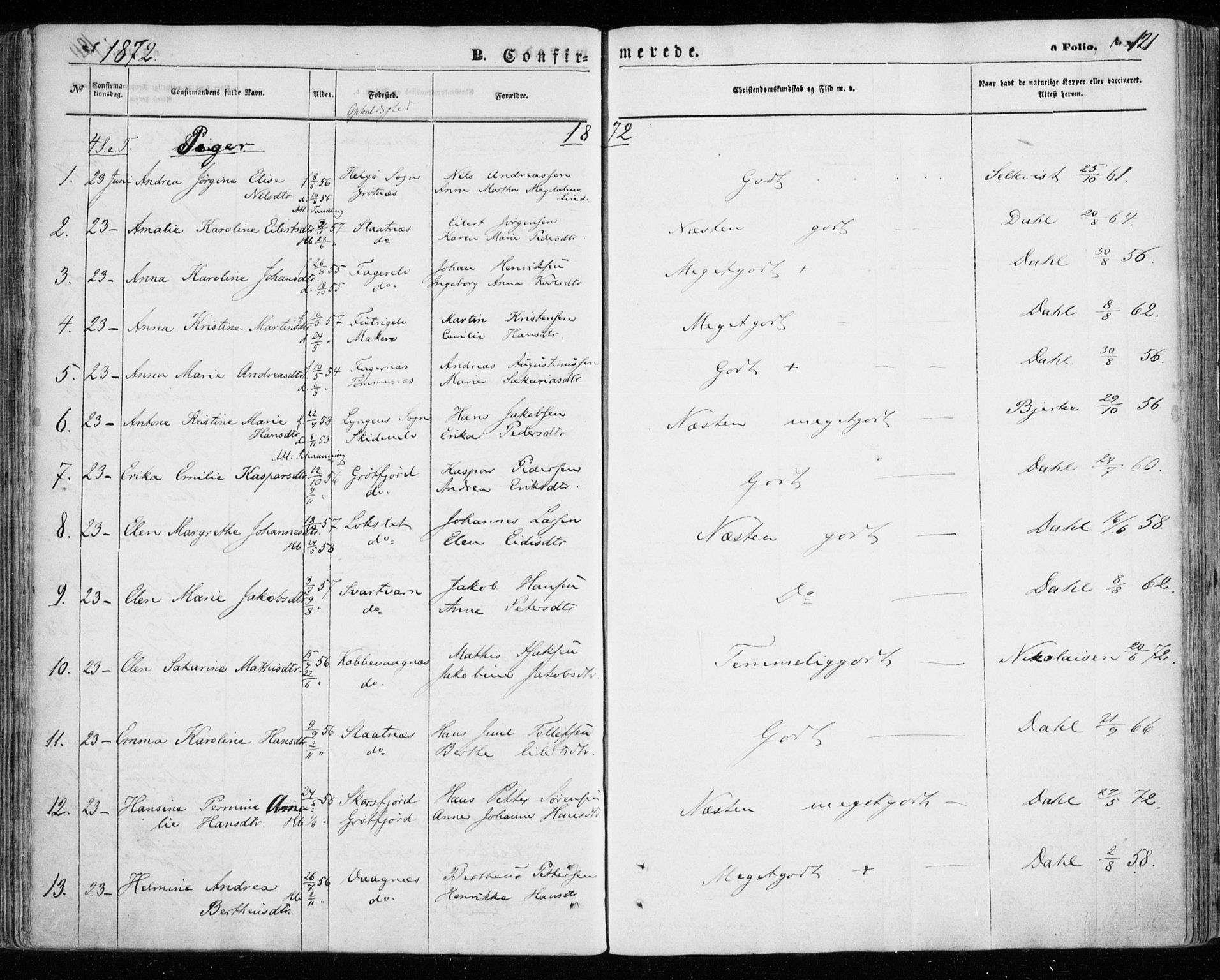 Tromsøysund sokneprestkontor, SATØ/S-1304/G/Ga/L0002kirke: Parish register (official) no. 2, 1867-1875, p. 121