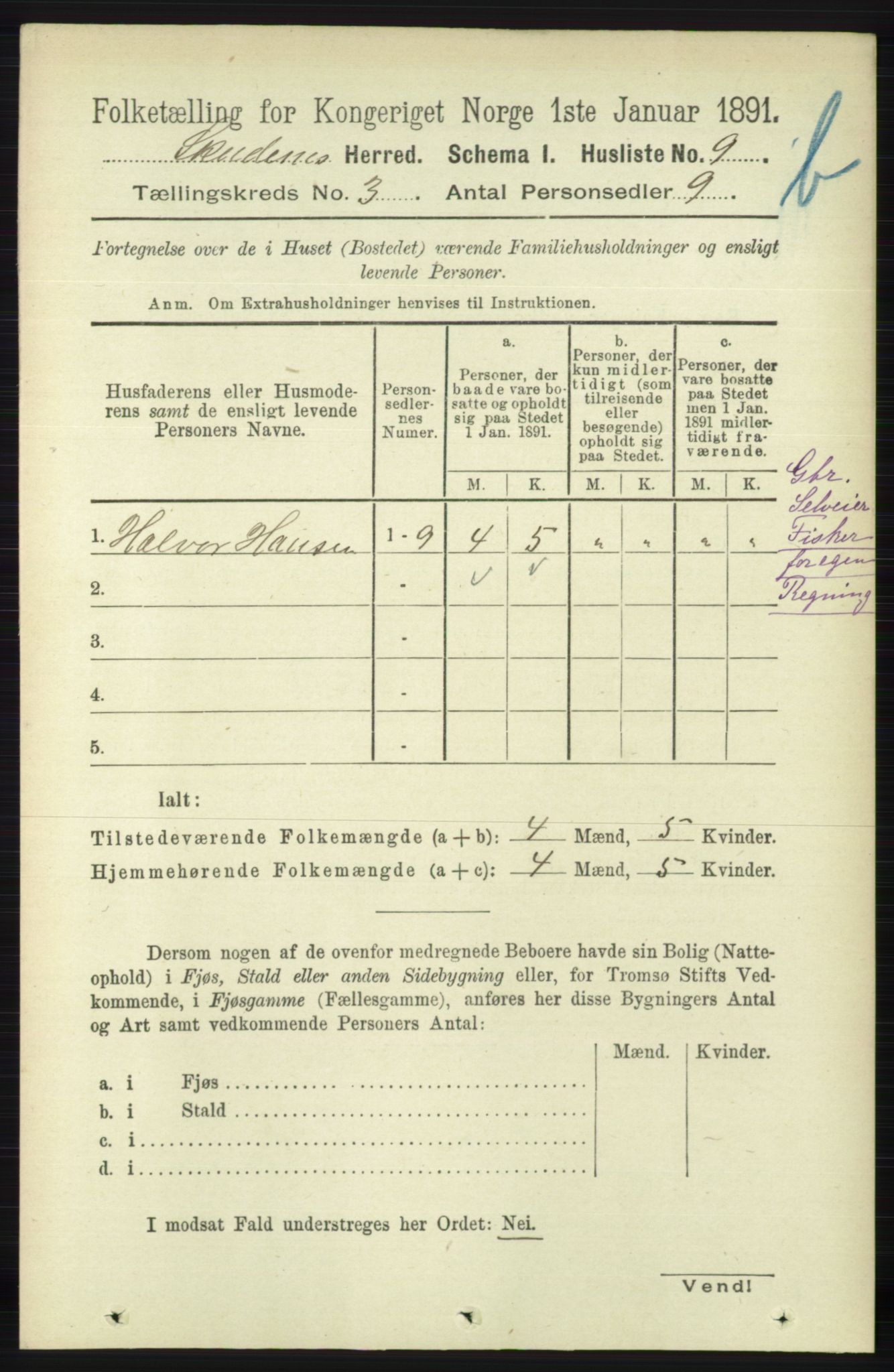 RA, 1891 census for 1150 Skudenes, 1891, p. 3919