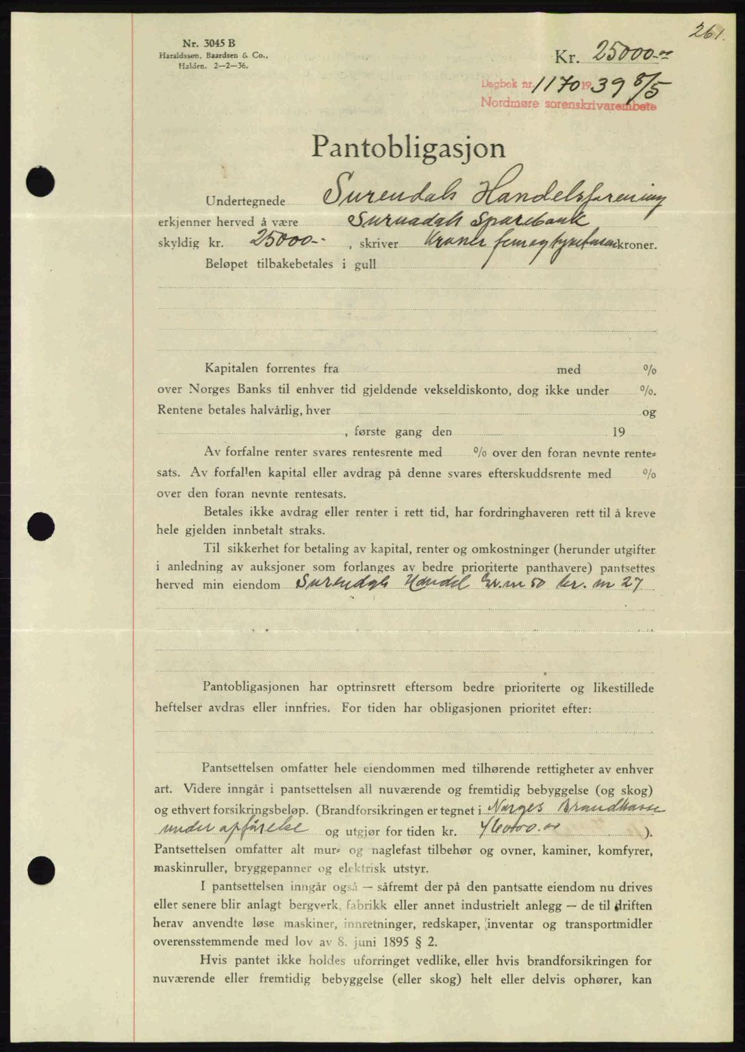 Nordmøre sorenskriveri, AV/SAT-A-4132/1/2/2Ca: Mortgage book no. B85, 1939-1939, Diary no: : 1170/1939