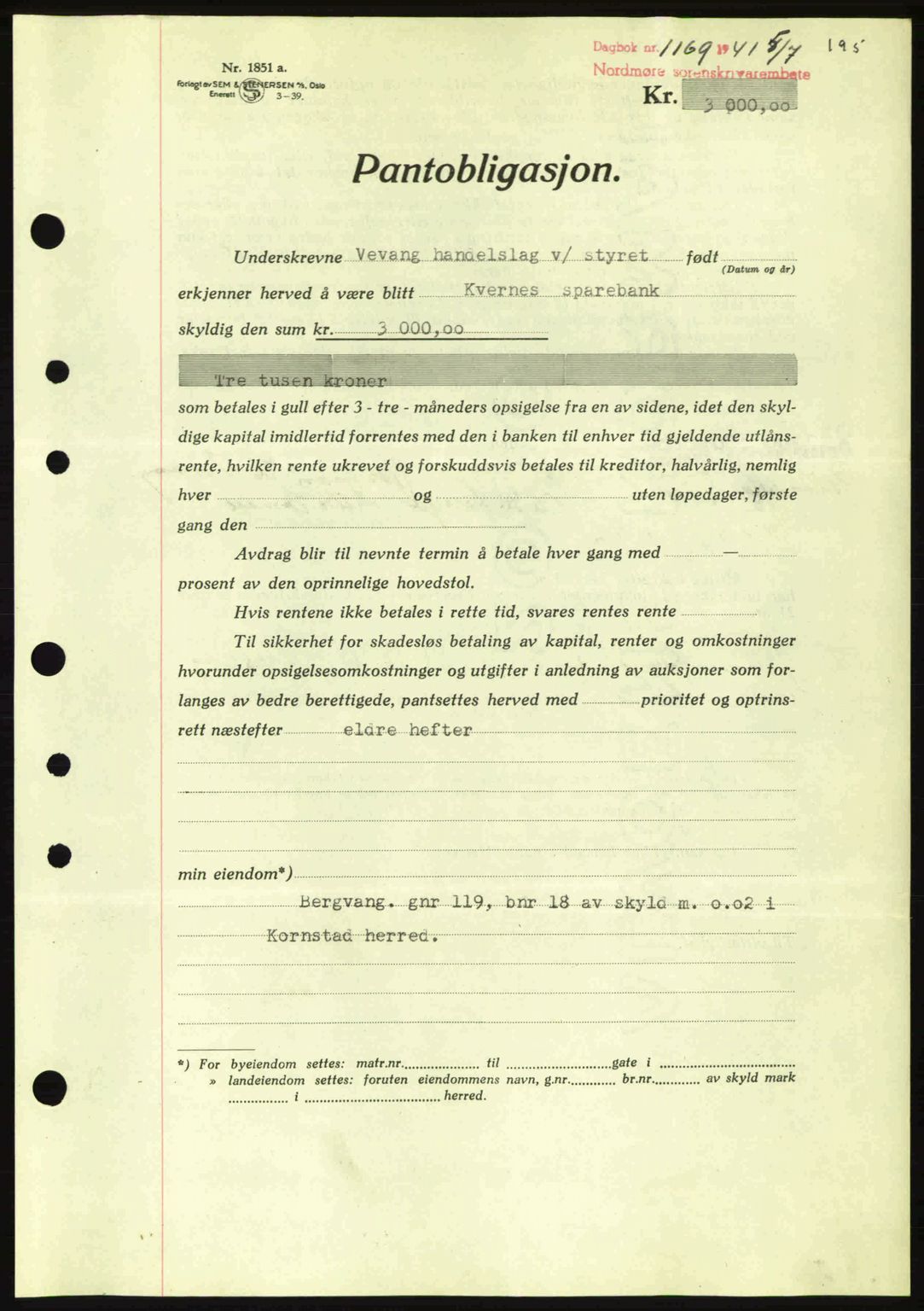 Nordmøre sorenskriveri, AV/SAT-A-4132/1/2/2Ca: Mortgage book no. B88, 1941-1942, Diary no: : 1169/1941