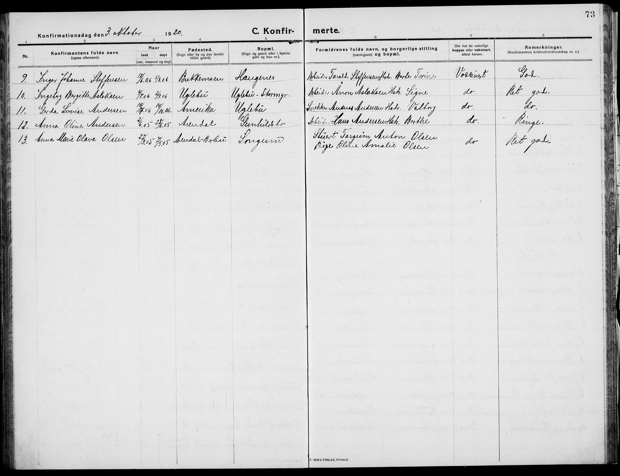 Austre Moland sokneprestkontor, SAK/1111-0001/F/Fb/Fba/L0005: Parish register (copy) no. B 4b, 1914-1935, p. 73