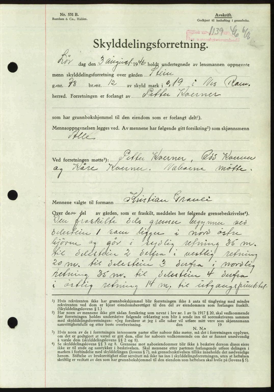 Nes tingrett, AV/SAO-A-10548/G/Gb/Gbb/L0020: Mortgage book no. 64, 1946-1946, Diary no: : 1139/1946