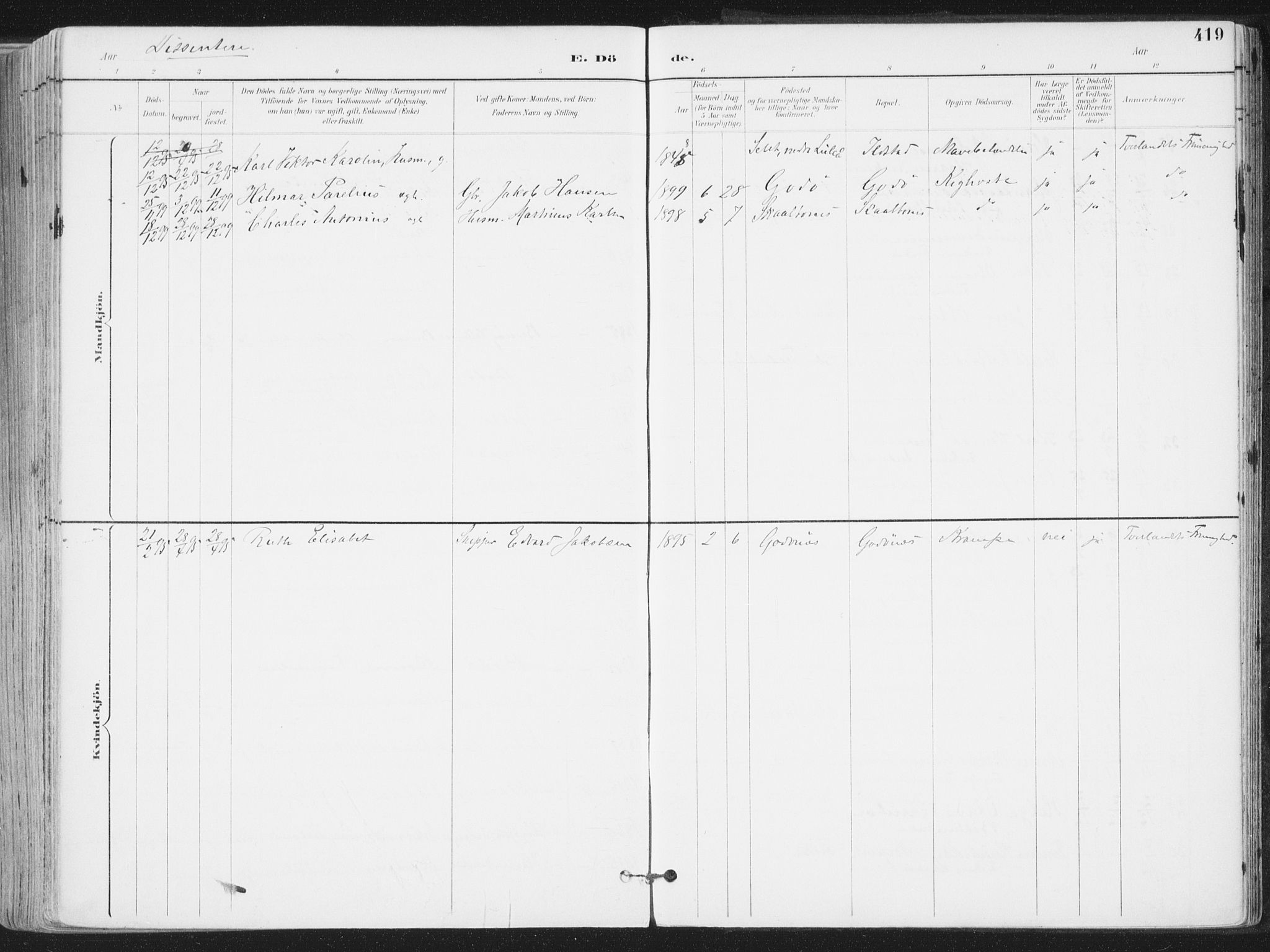 Ministerialprotokoller, klokkerbøker og fødselsregistre - Nordland, SAT/A-1459/802/L0055: Parish register (official) no. 802A02, 1894-1915, p. 419
