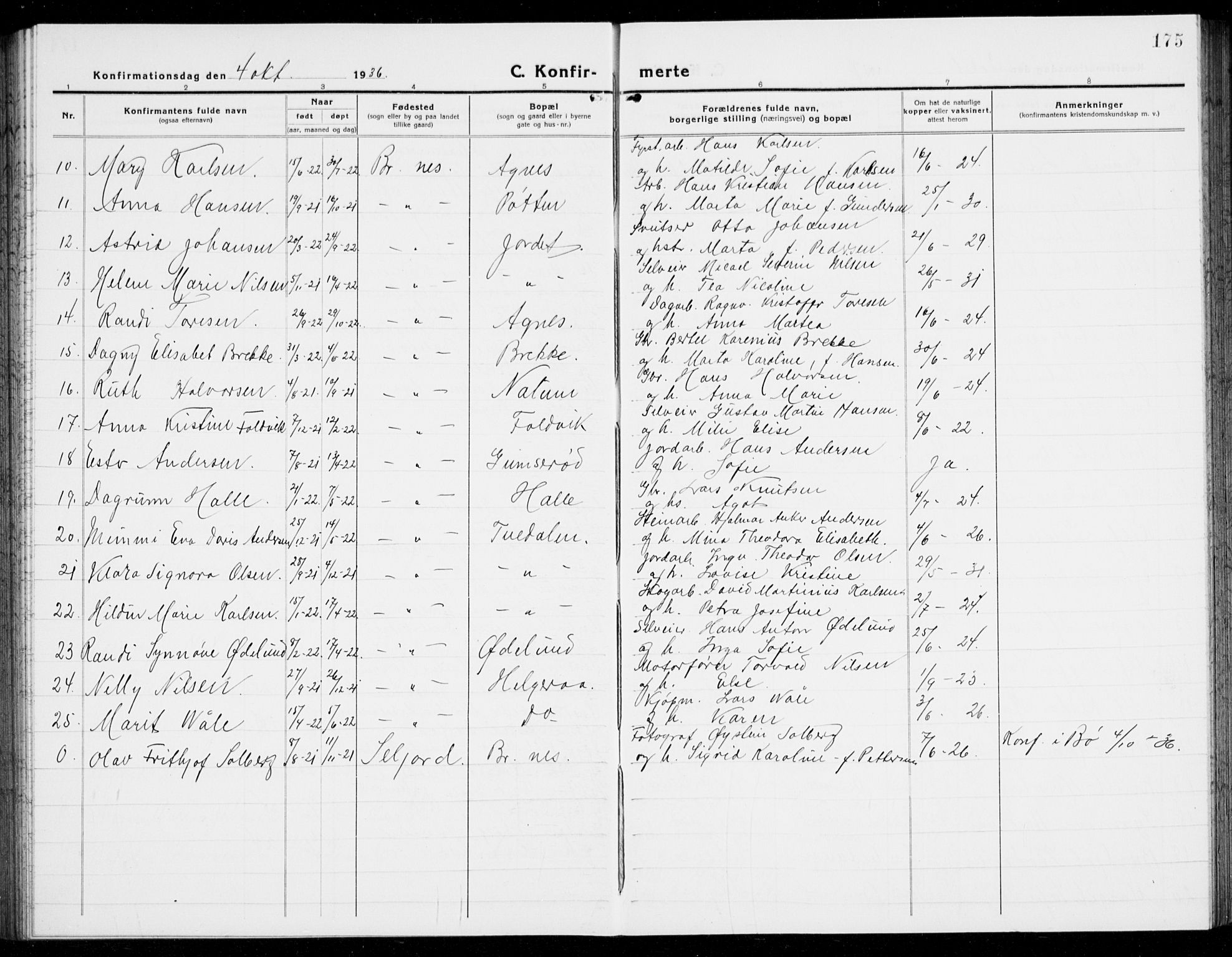 Brunlanes kirkebøker, SAKO/A-342/G/Ga/L0005: Parish register (copy) no. I 5, 1918-1941, p. 175