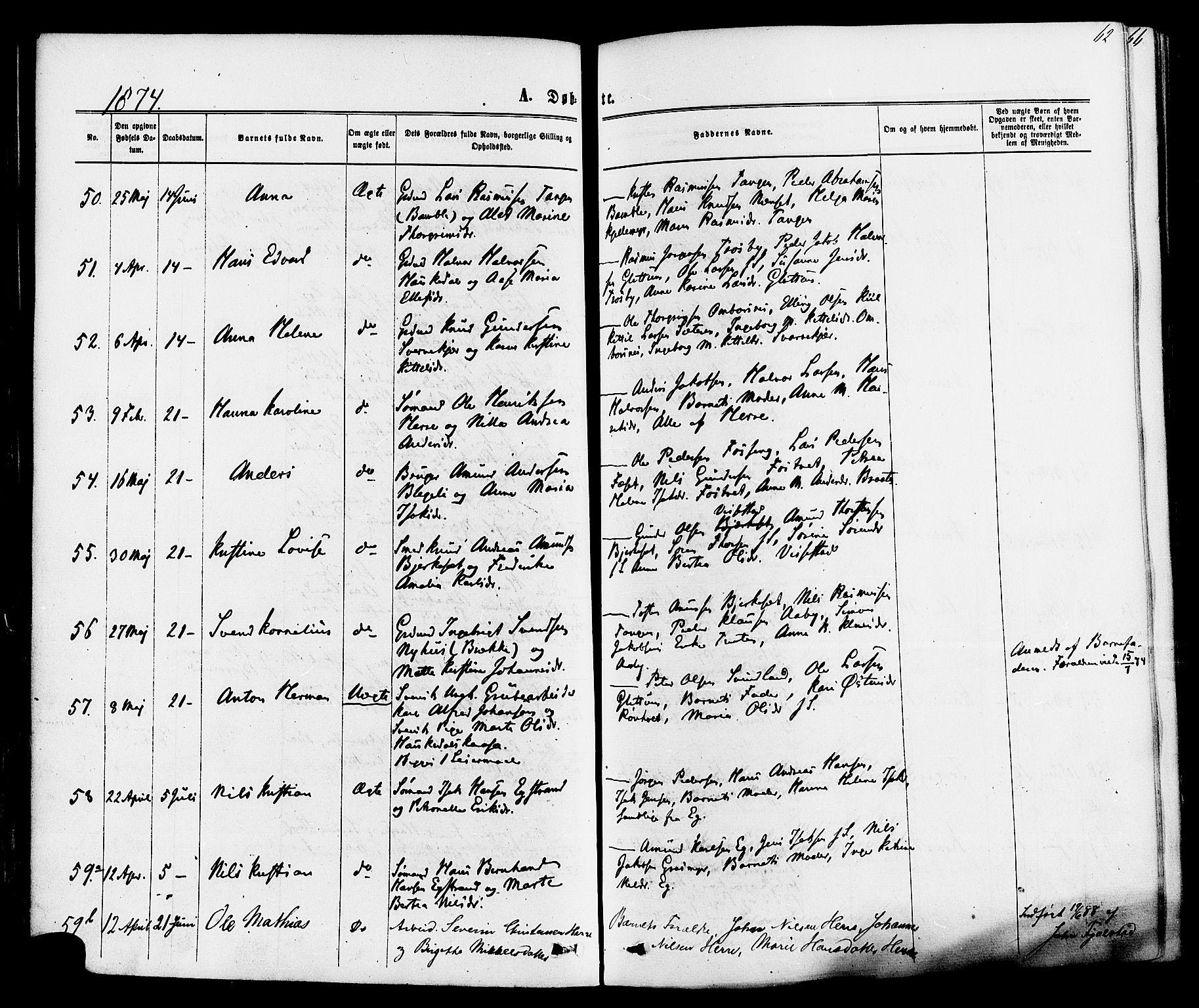 Bamble kirkebøker, SAKO/A-253/F/Fa/L0006: Parish register (official) no. I 6, 1869-1877, p. 62