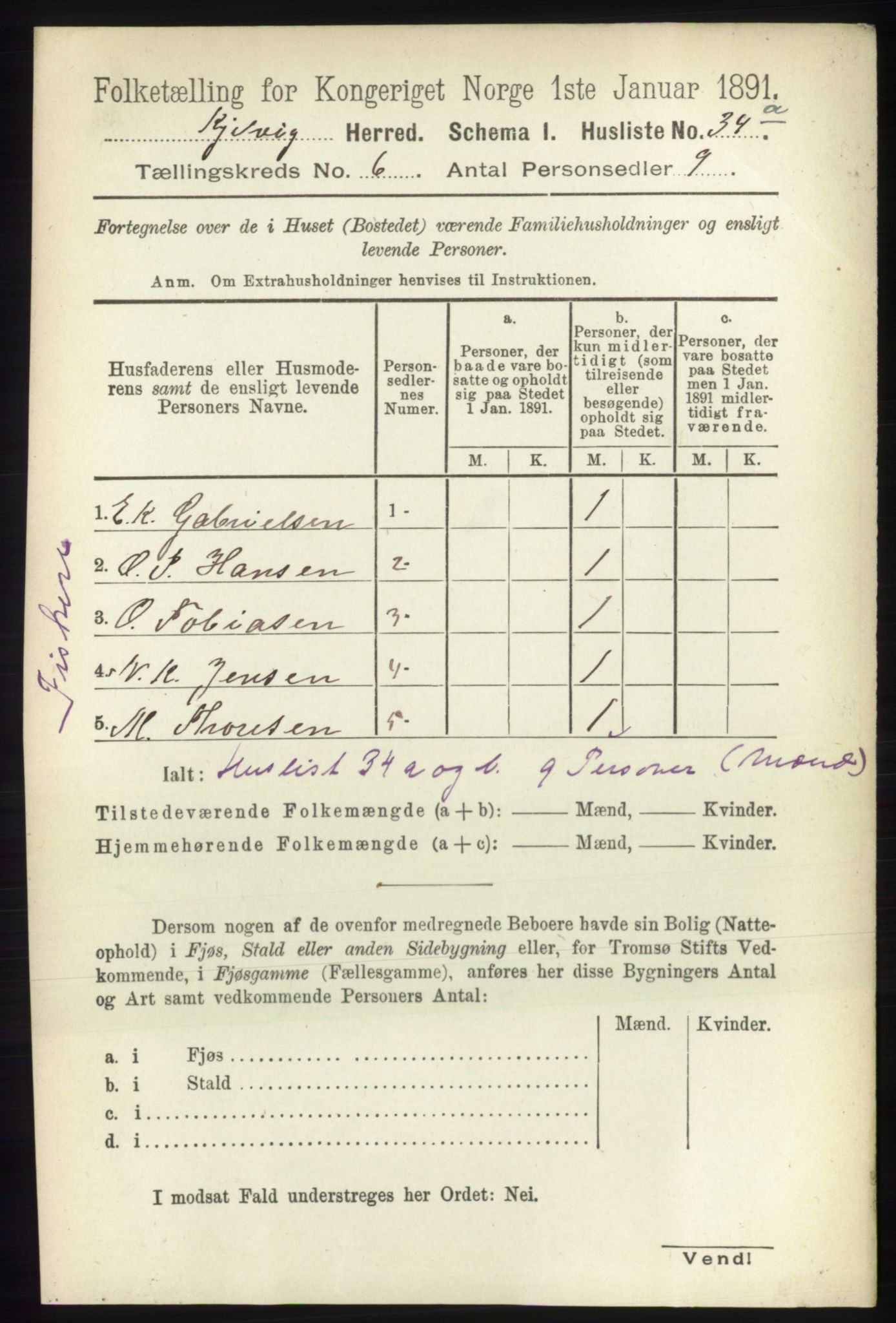 RA, 1891 census for 2019 Kjelvik, 1891, p. 619