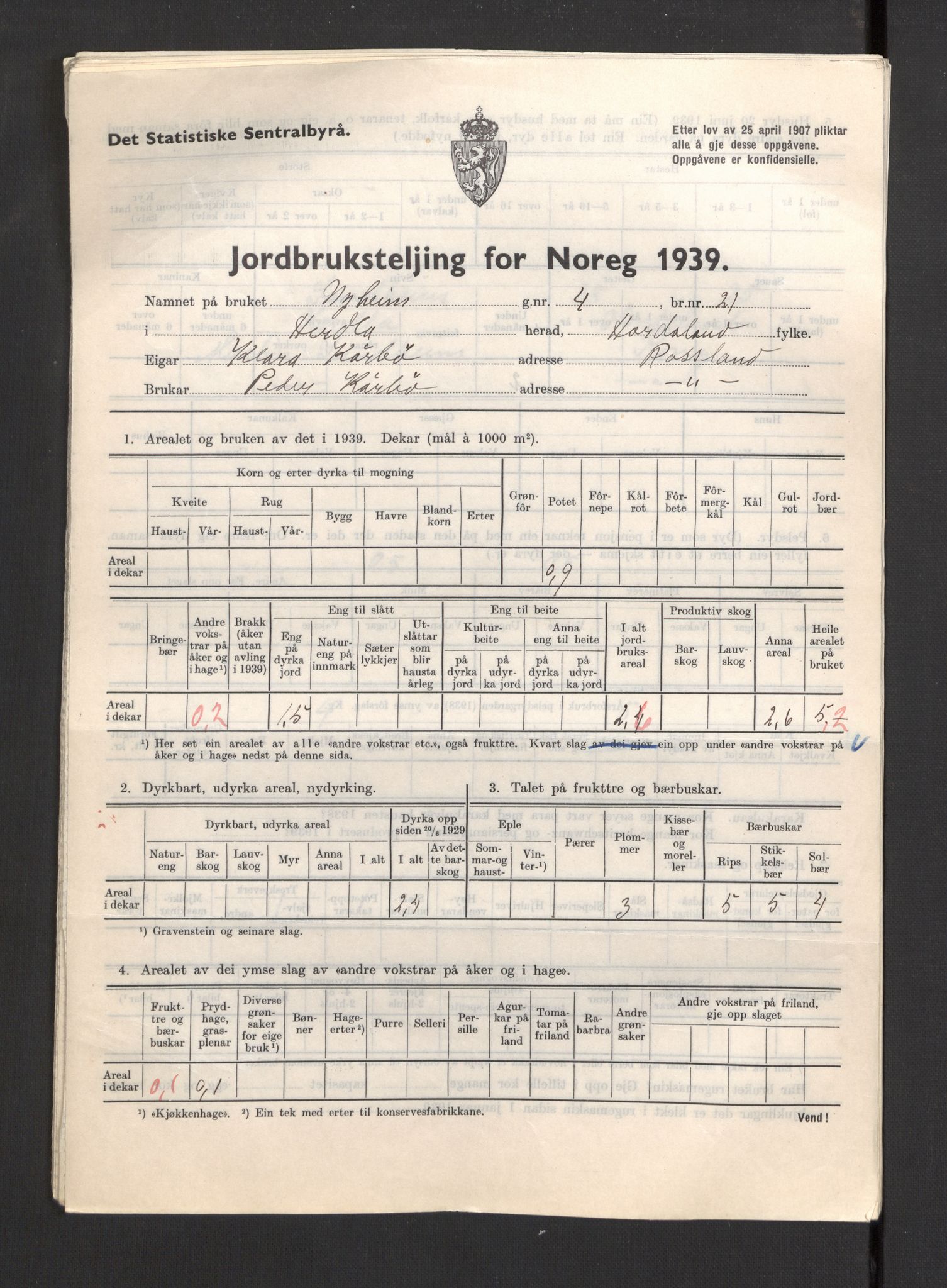 Statistisk sentralbyrå, Næringsøkonomiske emner, Jordbruk, skogbruk, jakt, fiske og fangst, AV/RA-S-2234/G/Gb/L0211: Hordaland: Herdla, Hjelme og Manger, 1939, p. 117