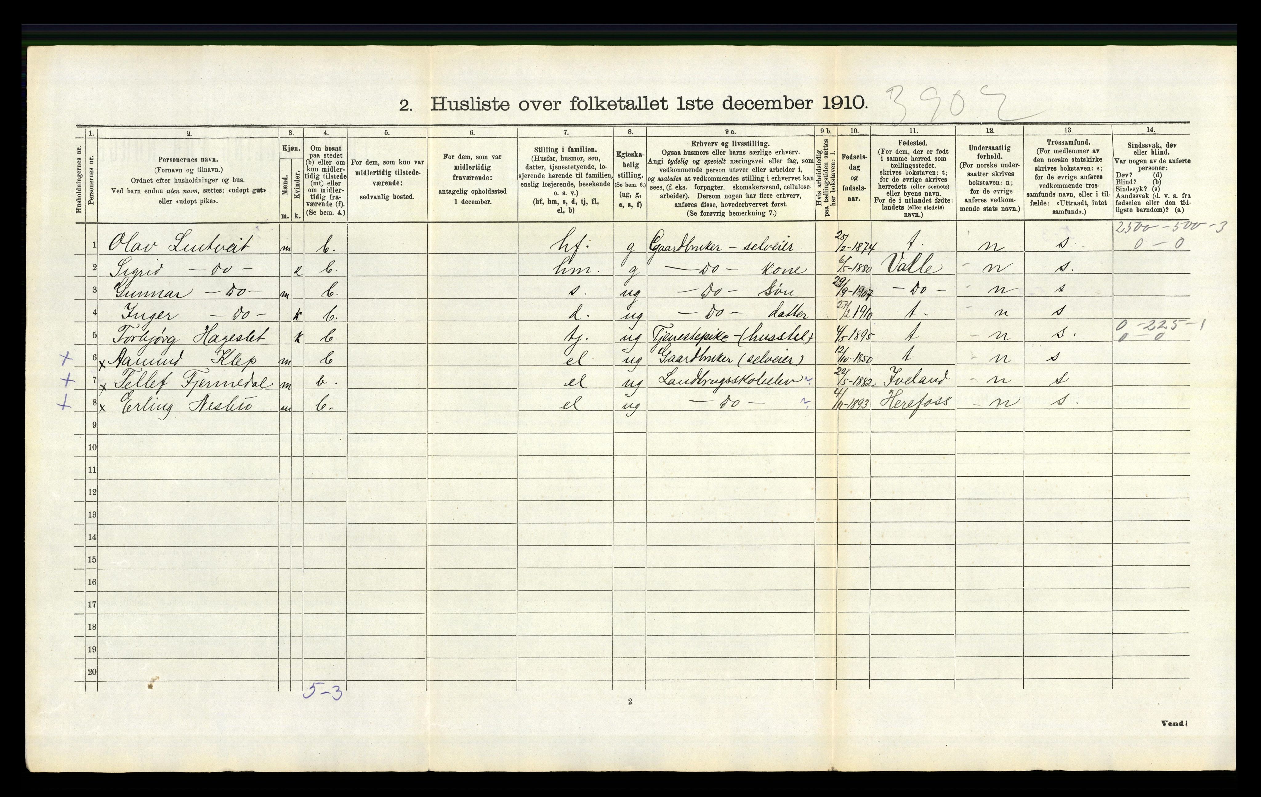 RA, 1910 census for Bygland, 1910, p. 156