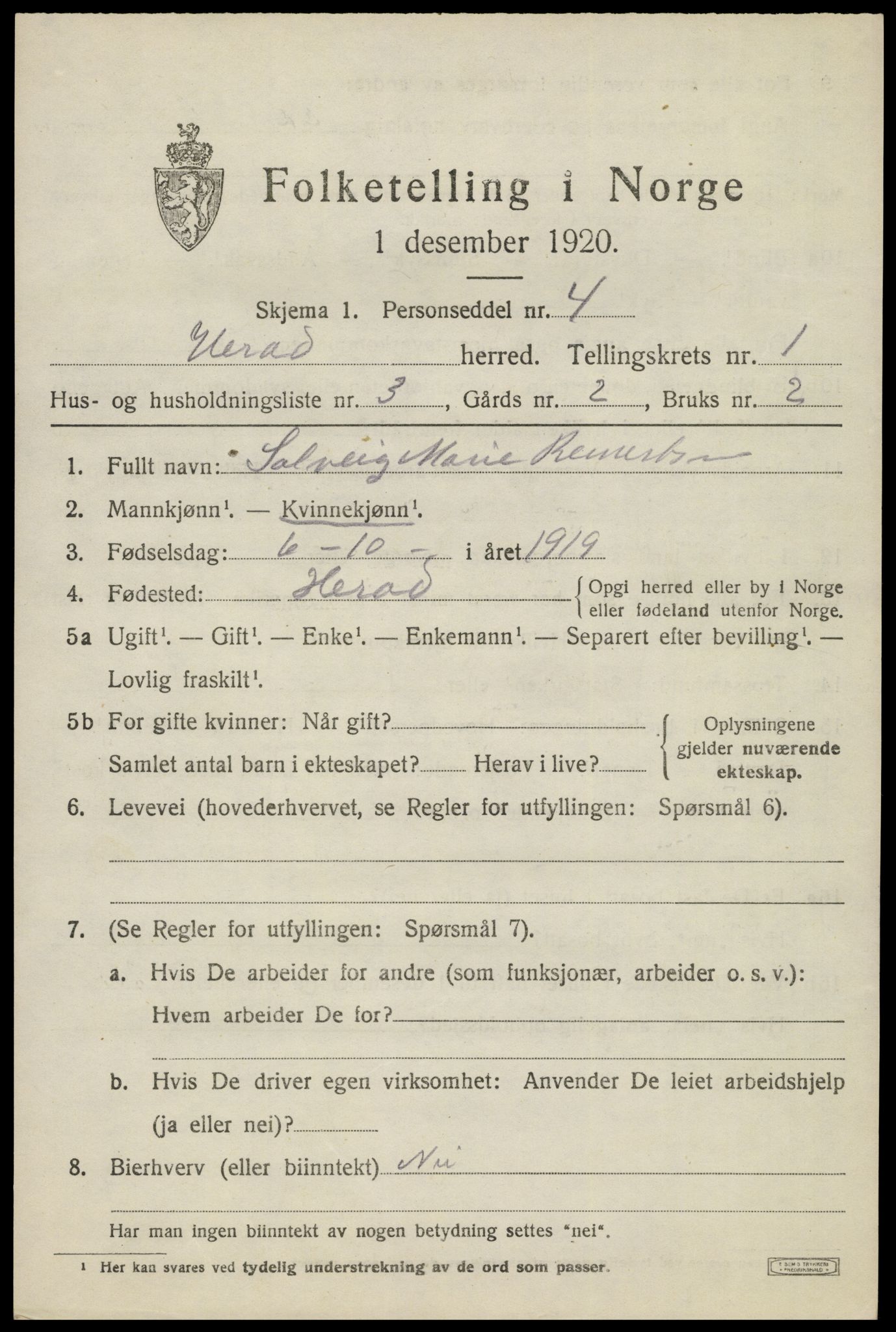 SAK, 1920 census for Herad, 1920, p. 460