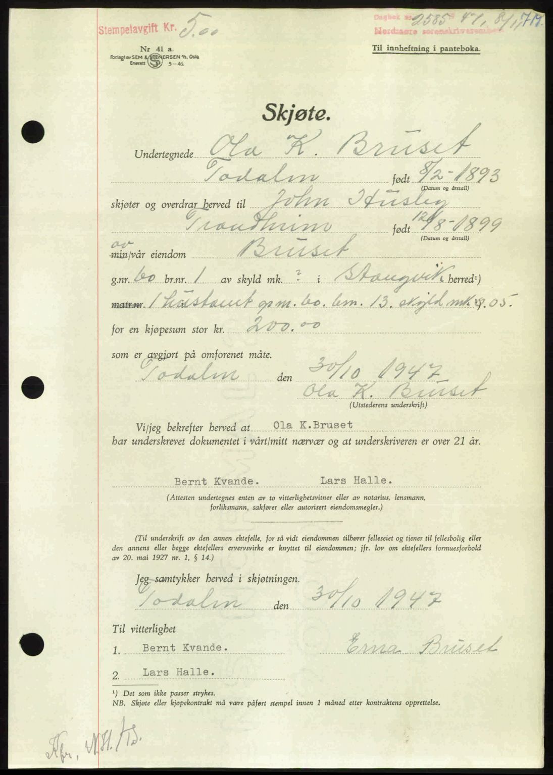 Nordmøre sorenskriveri, AV/SAT-A-4132/1/2/2Ca: Mortgage book no. A106, 1947-1947, Diary no: : 2585/1947