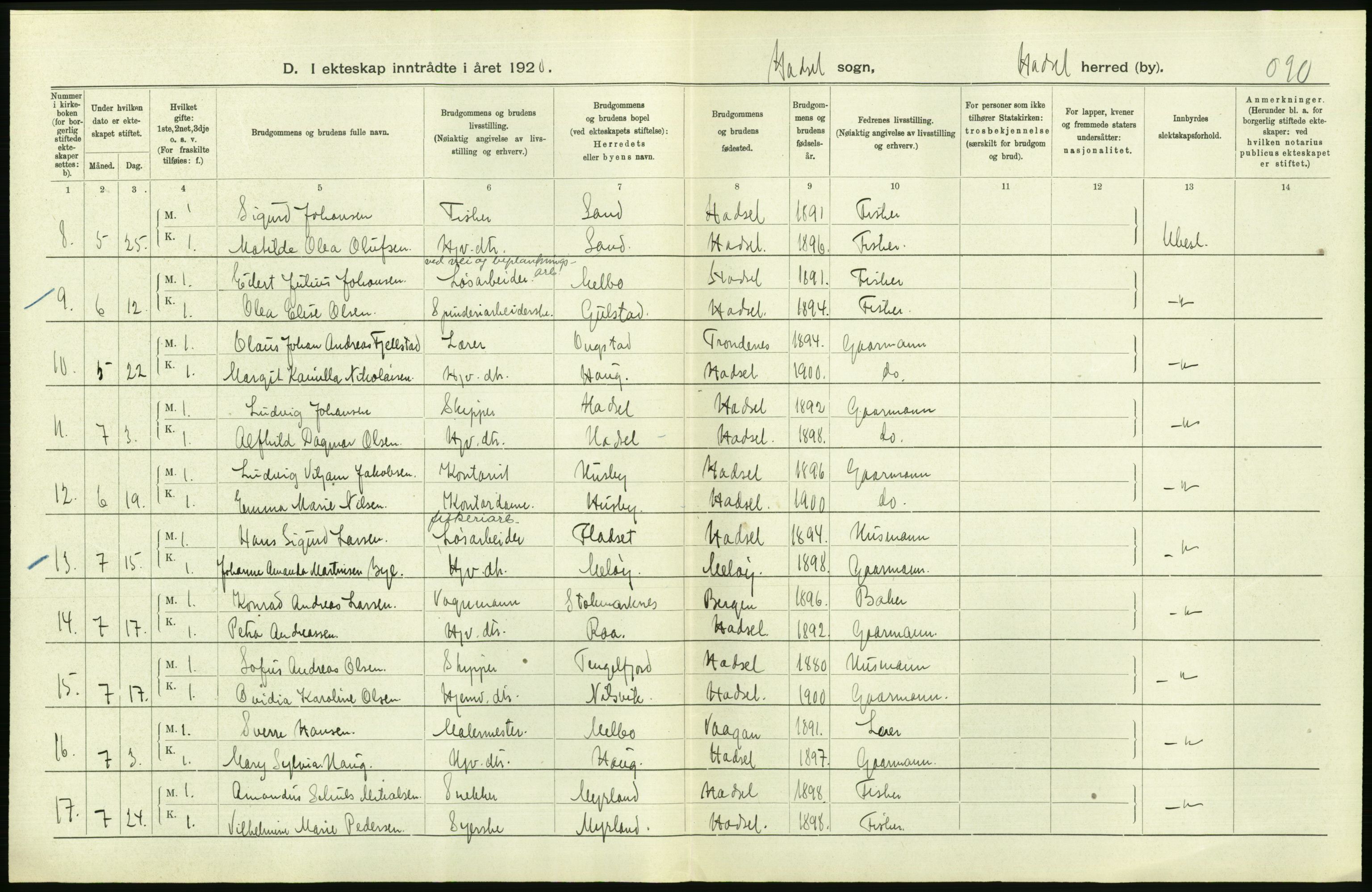 Statistisk sentralbyrå, Sosiodemografiske emner, Befolkning, AV/RA-S-2228/D/Df/Dfb/Dfbj/L0057: Nordland fylke: Gifte, dødfødte. Bygder og byer., 1920, p. 270