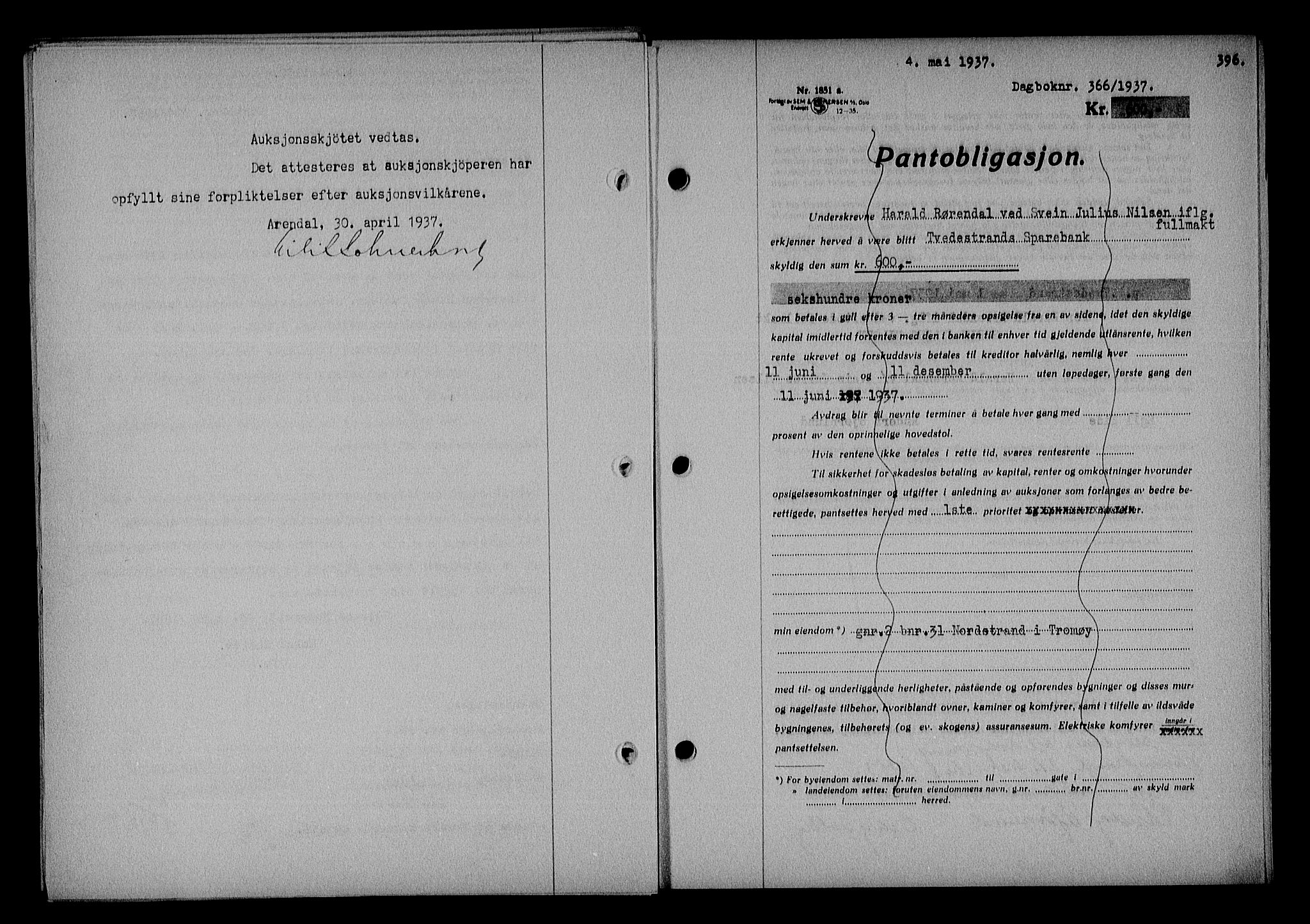 Nedenes sorenskriveri, SAK/1221-0006/G/Gb/Gba/L0043: Mortgage book no. 39, 1936-1937, Diary no: : 366/1937