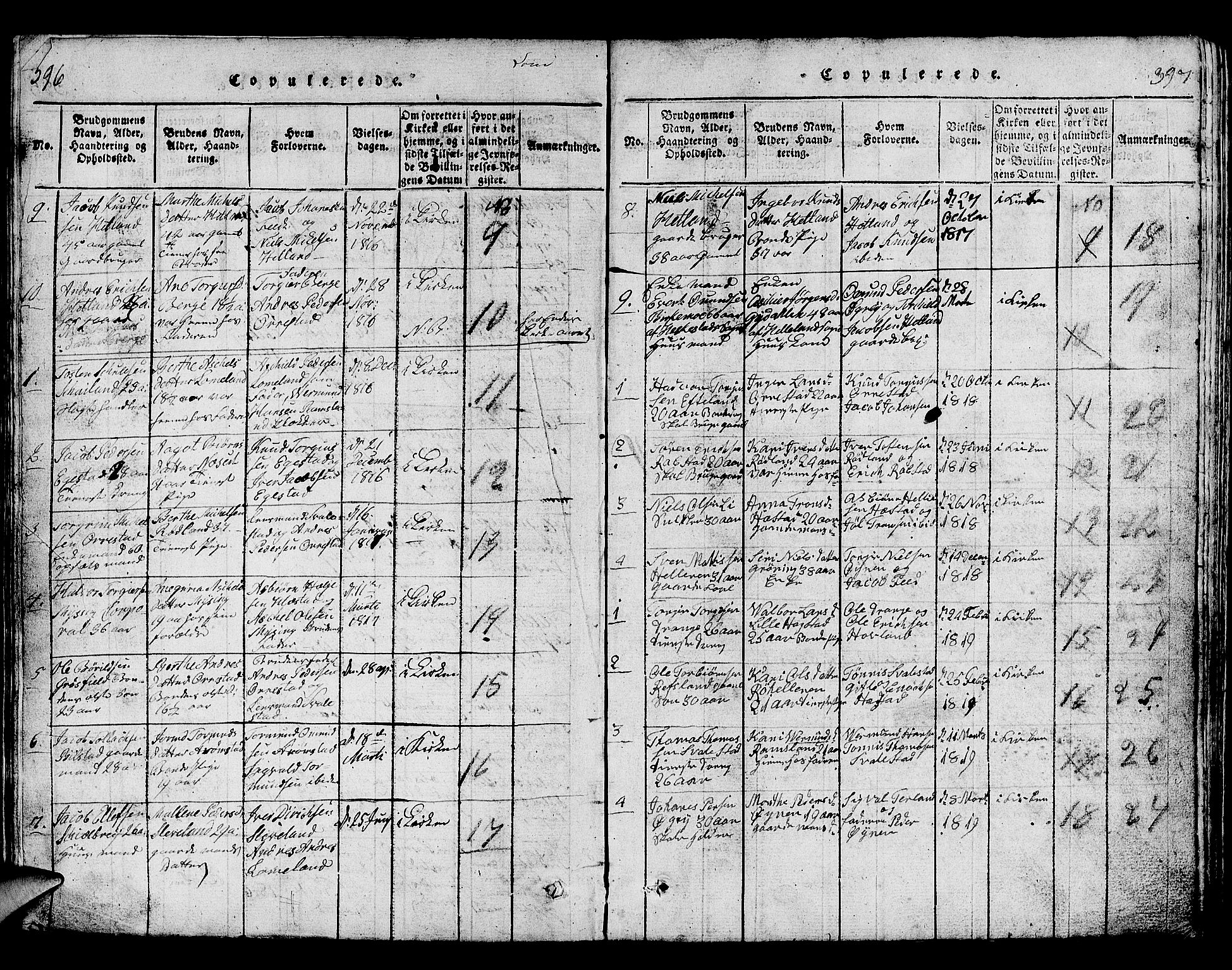Helleland sokneprestkontor, SAST/A-101810: Parish register (copy) no. B 1, 1815-1841, p. 396-397