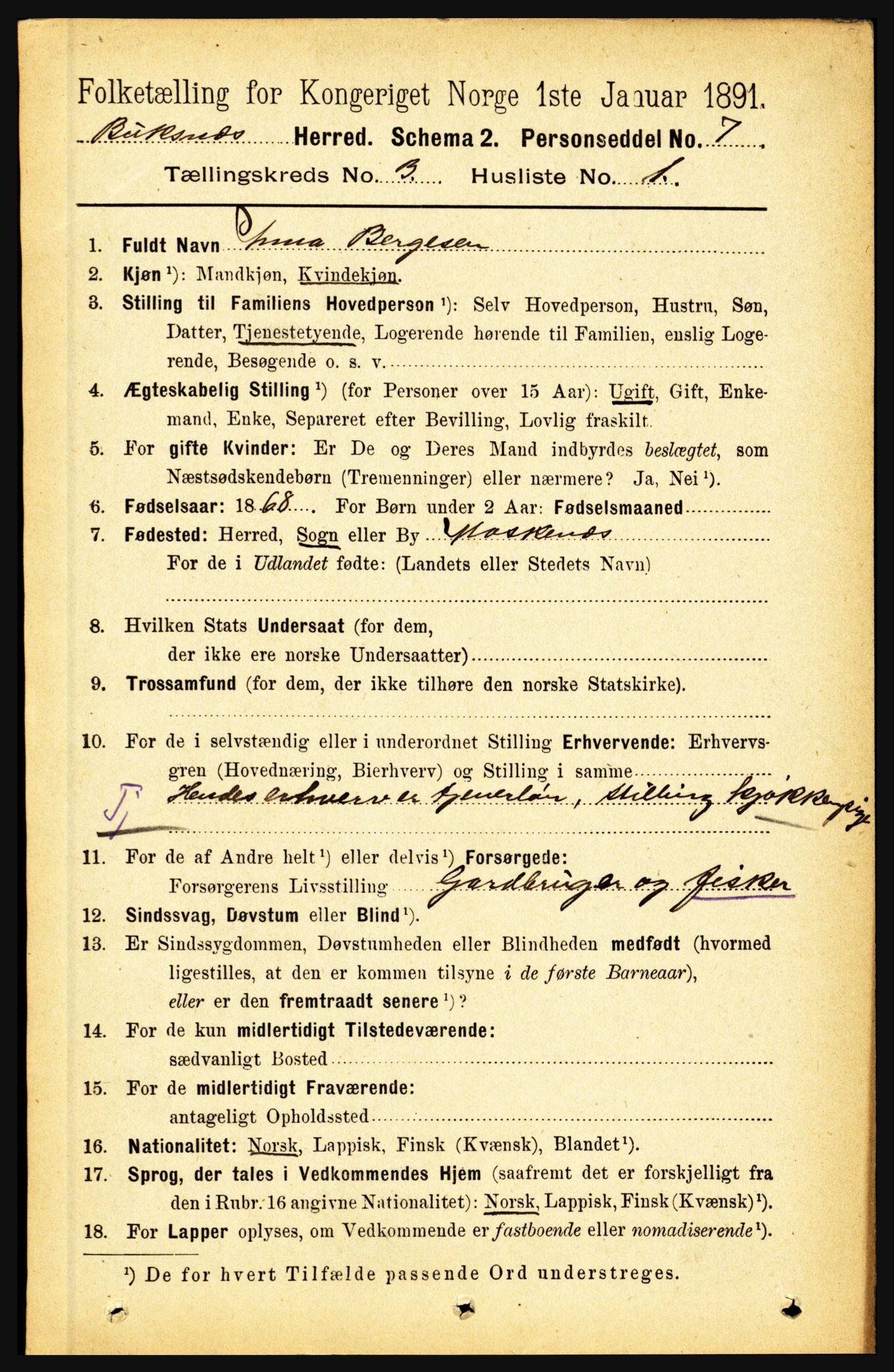 RA, 1891 census for 1860 Buksnes, 1891, p. 2210