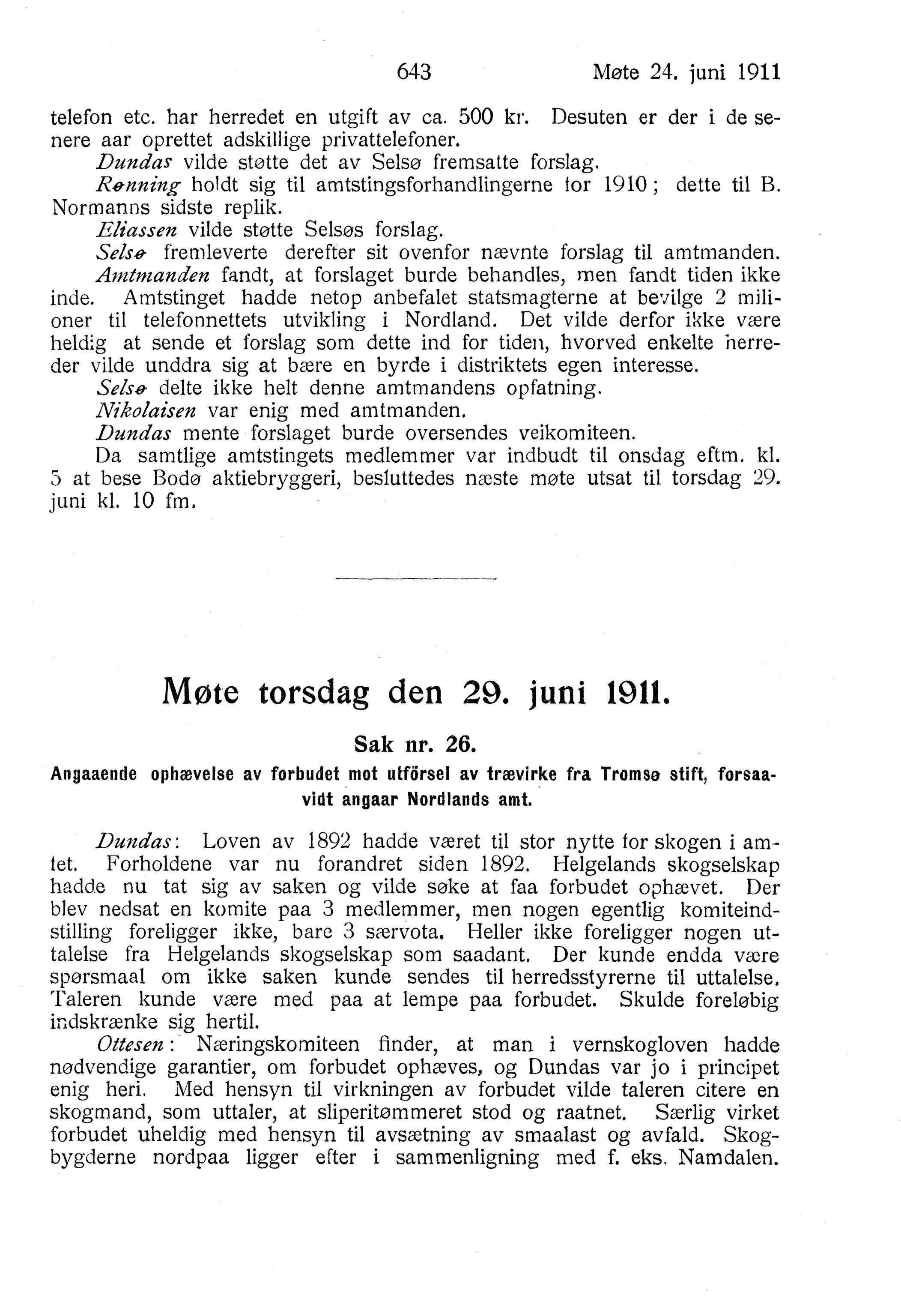 Nordland Fylkeskommune. Fylkestinget, AIN/NFK-17/176/A/Ac/L0034: Fylkestingsforhandlinger 1911, 1911, p. 643