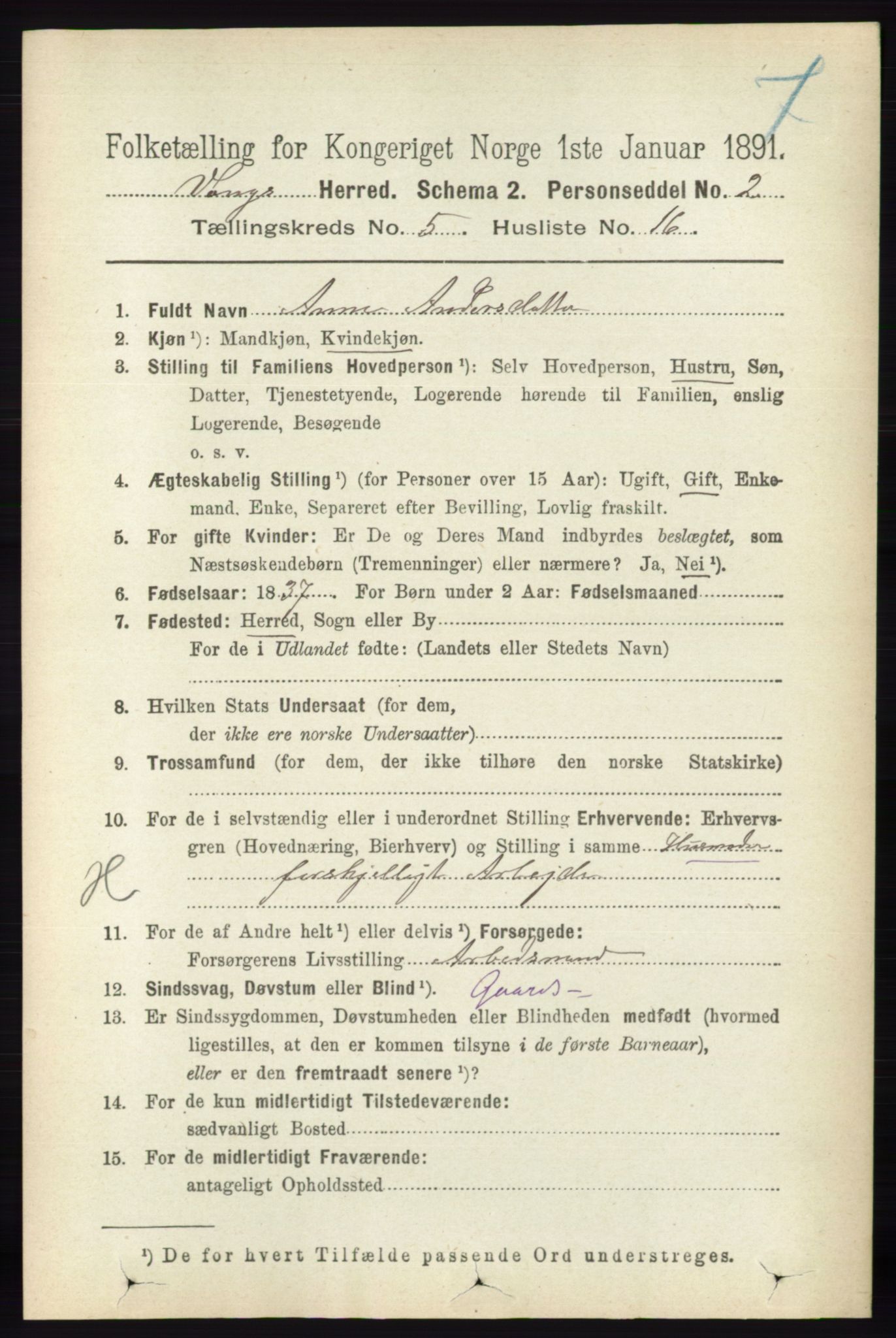 RA, 1891 census for 0414 Vang, 1891, p. 3587