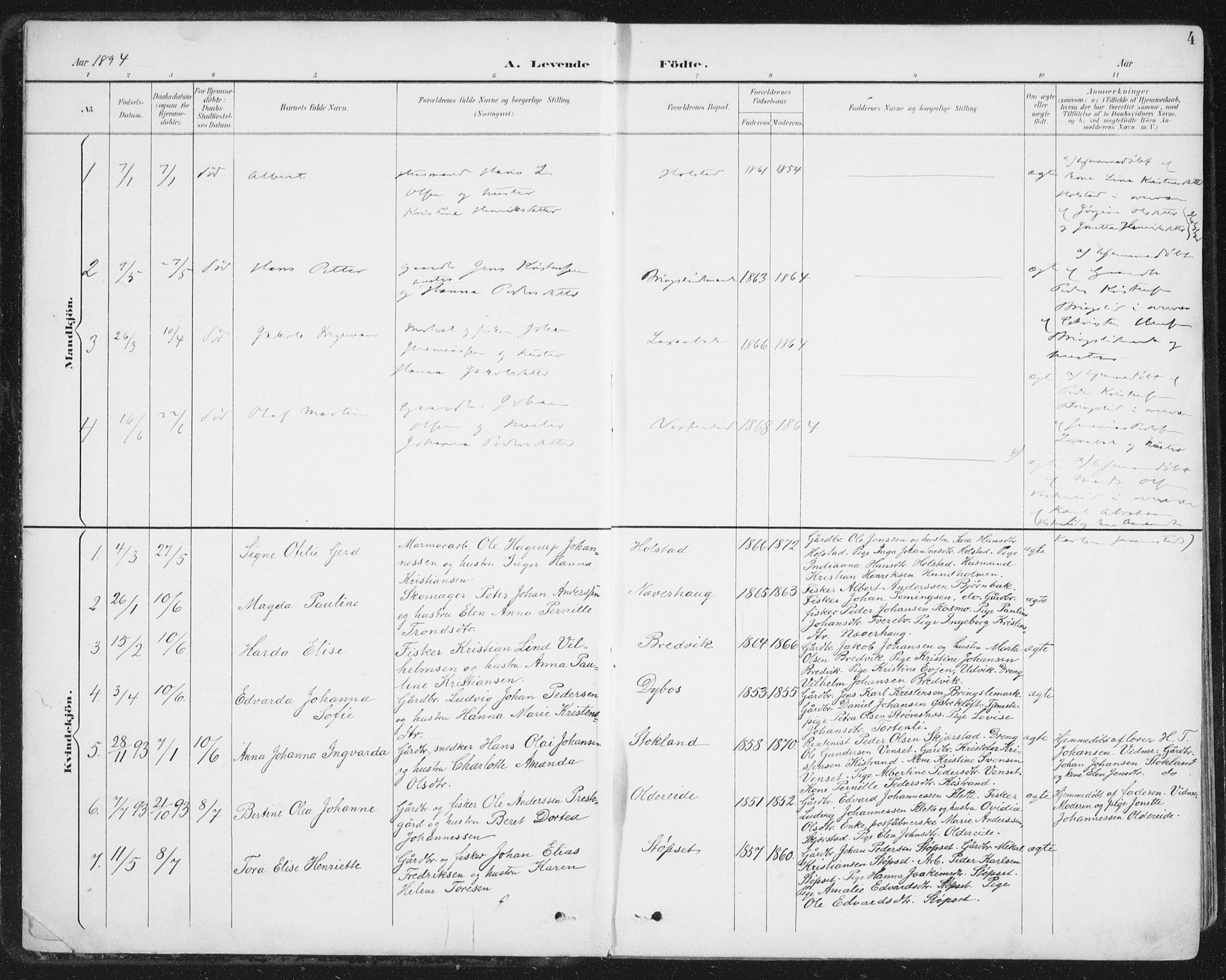 Ministerialprotokoller, klokkerbøker og fødselsregistre - Nordland, AV/SAT-A-1459/852/L0741: Parish register (official) no. 852A11, 1894-1917, p. 4