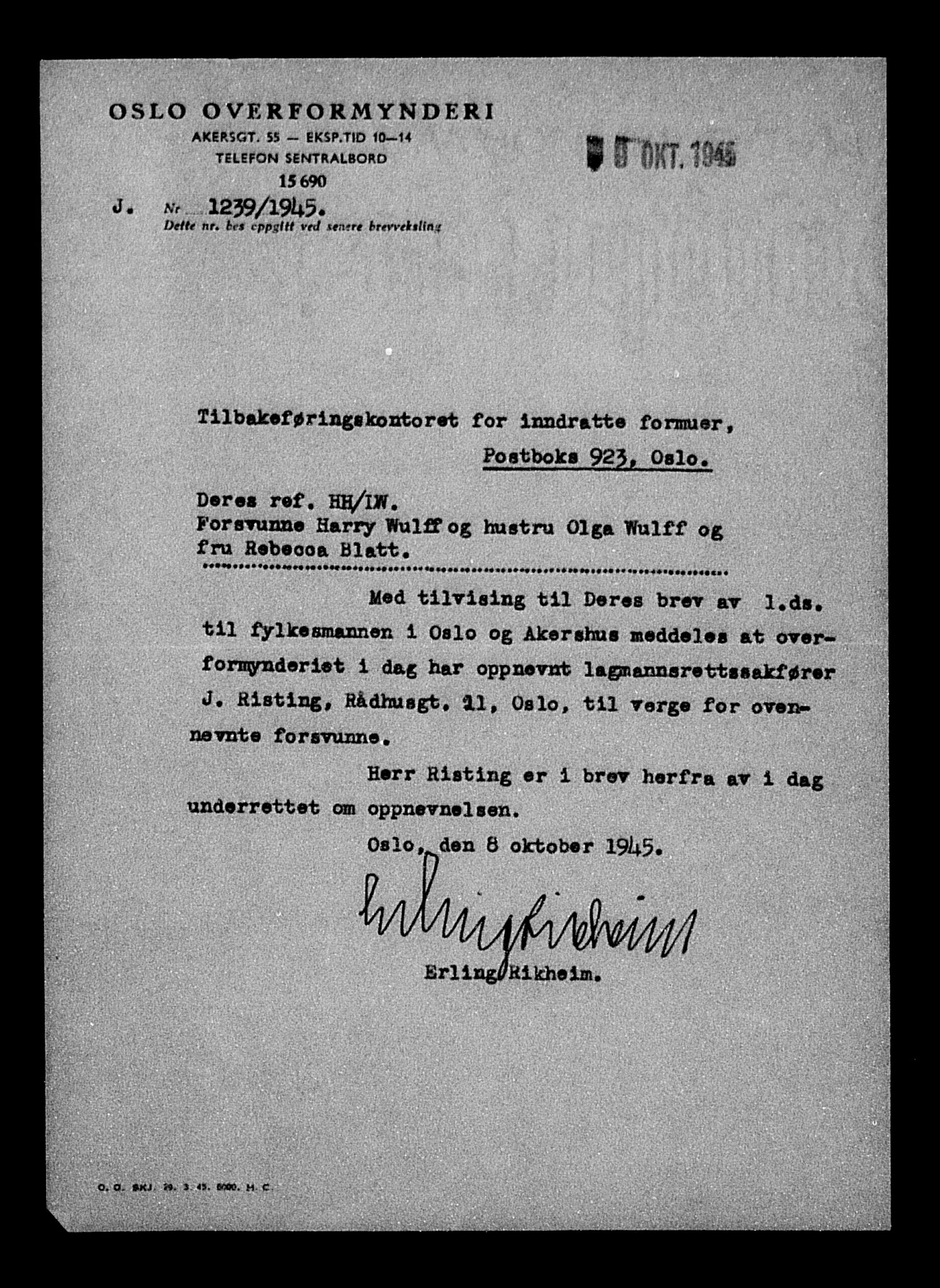 Justisdepartementet, Tilbakeføringskontoret for inndratte formuer, AV/RA-S-1564/H/Hc/Hcc/L0988: --, 1945-1947, p. 15