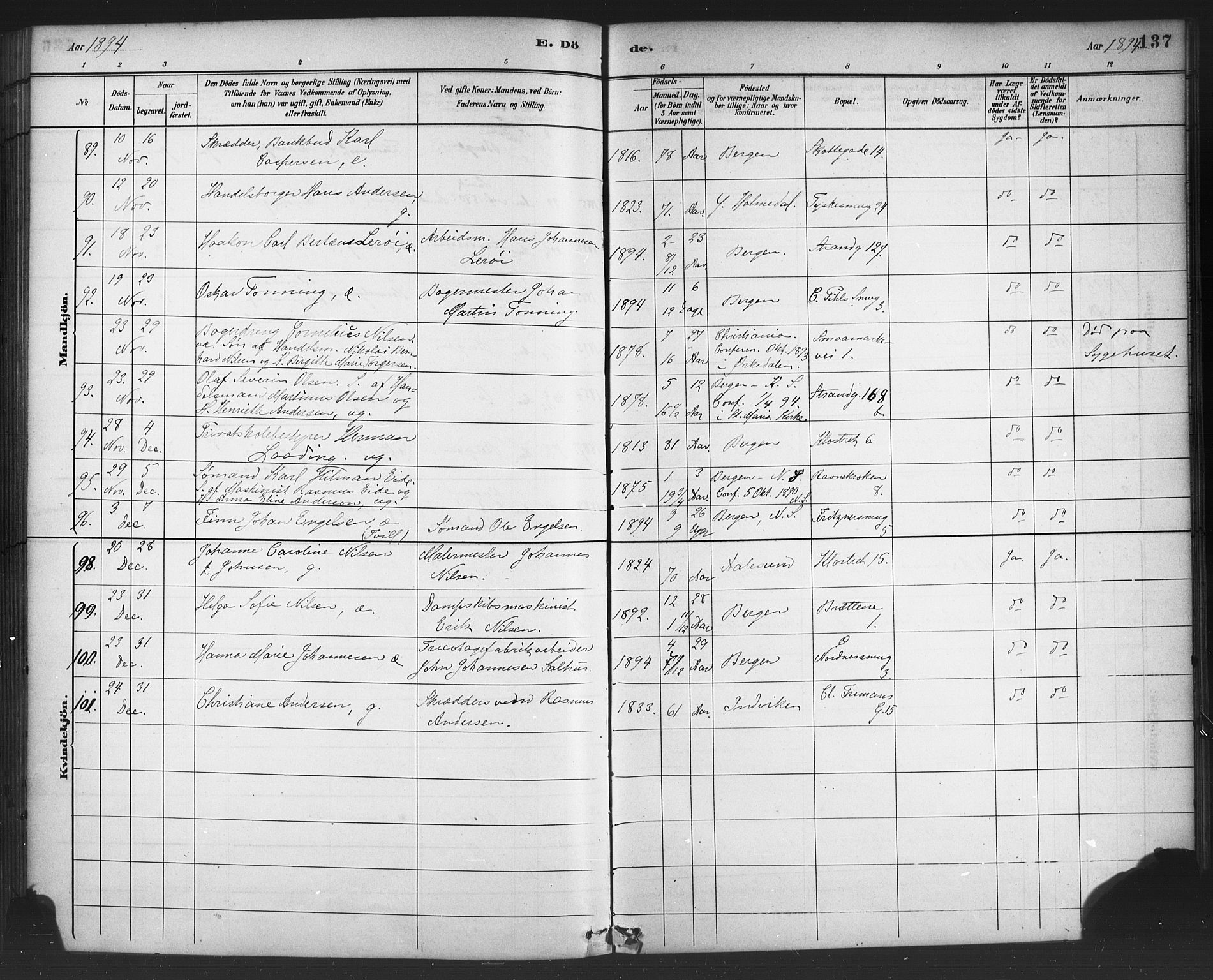 Nykirken Sokneprestembete, AV/SAB-A-77101/H/Haa/L0044: Parish register (official) no. E 4, 1882-1898, p. 137