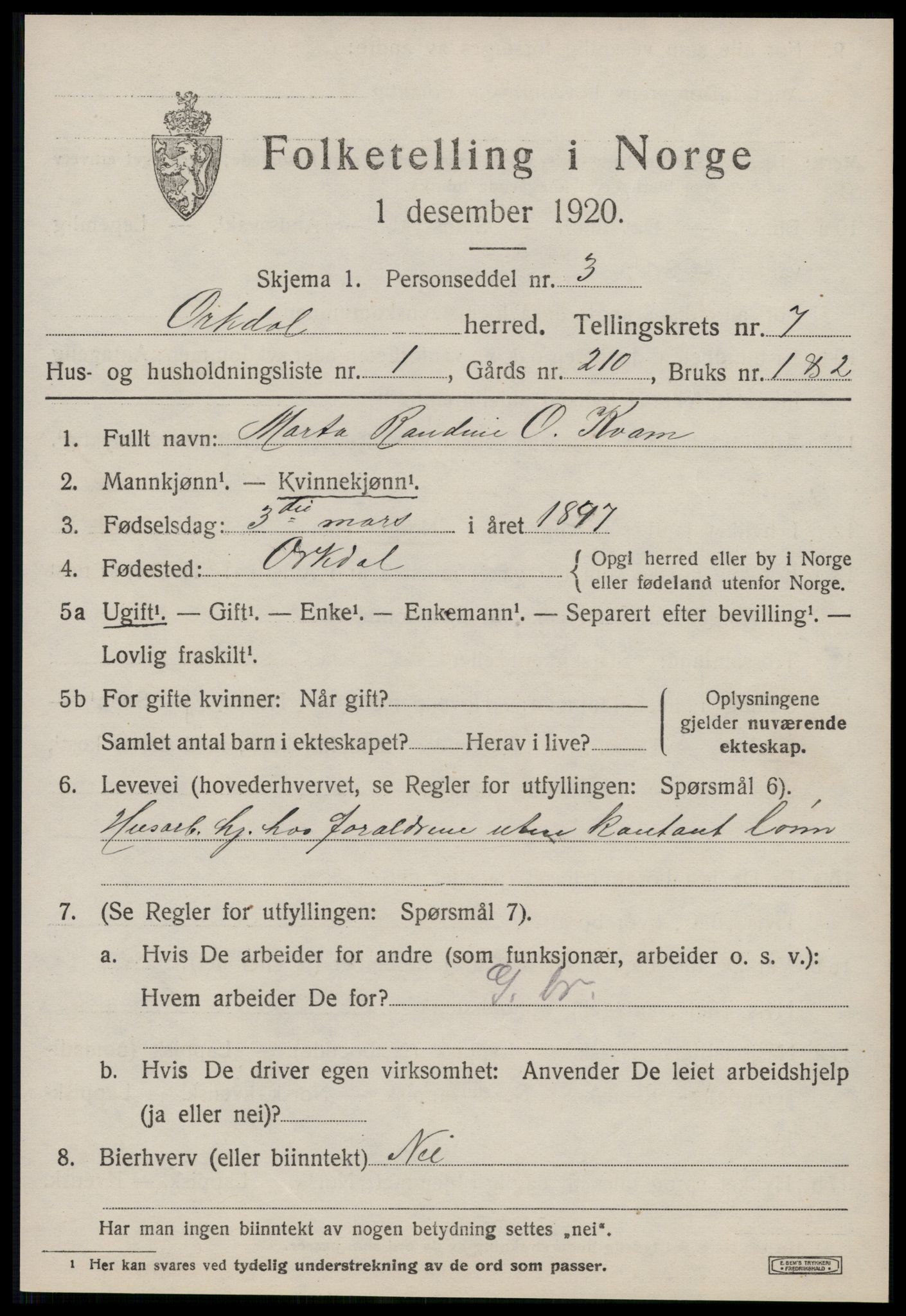 SAT, 1920 census for Orkdal, 1920, p. 5818