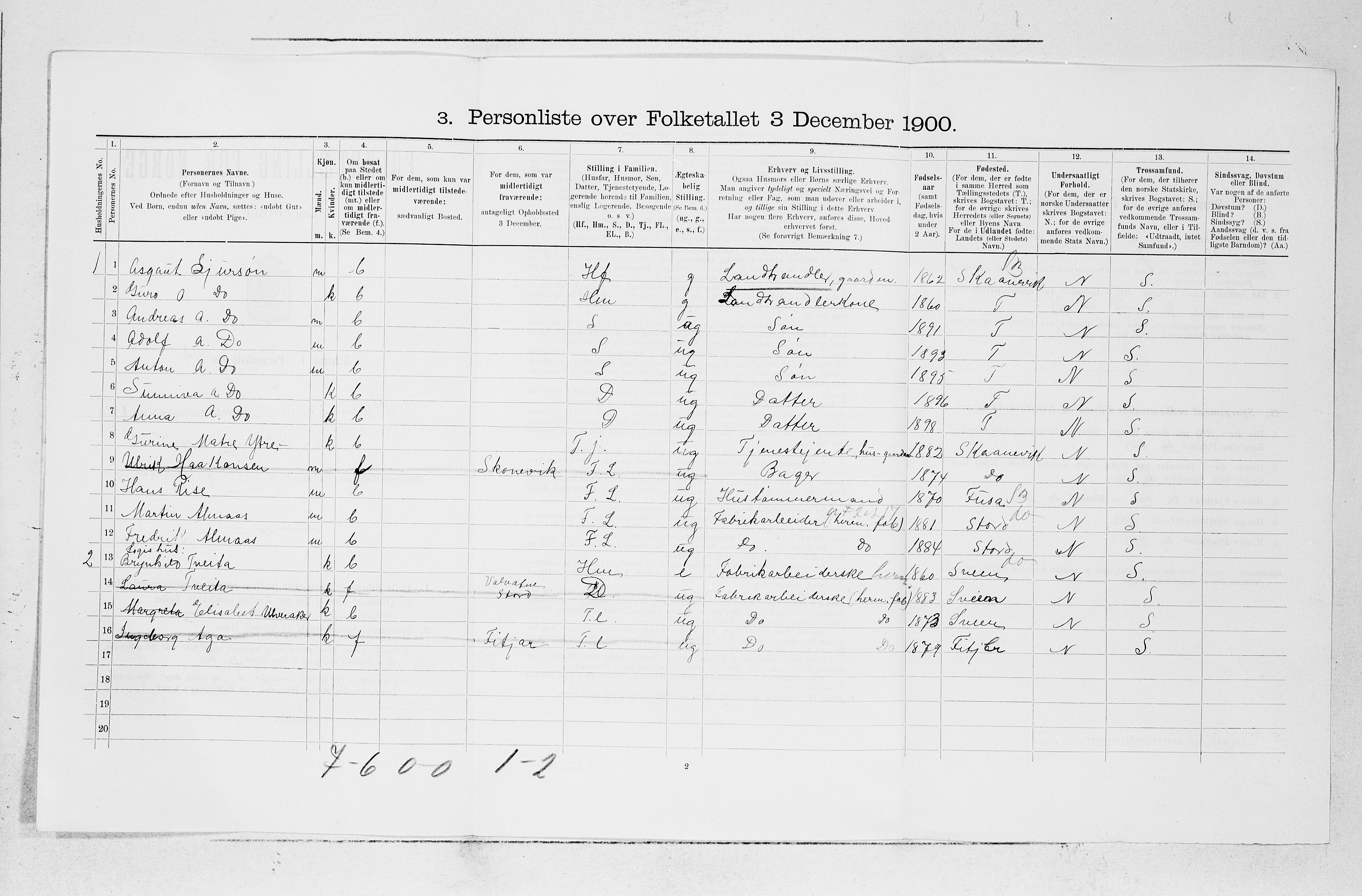 SAB, 1900 census for Kvinnherad, 1900, p. 1583
