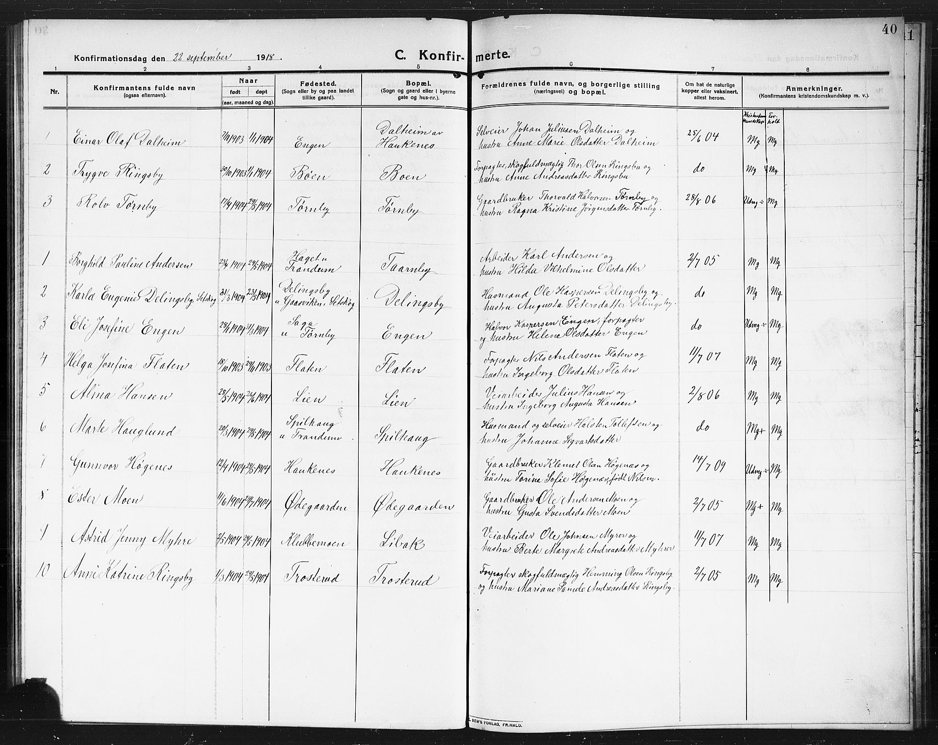 Rødenes prestekontor Kirkebøker, SAO/A-2005/G/Gb/L0002: Parish register (copy) no. II 2, 1911-1921, p. 40