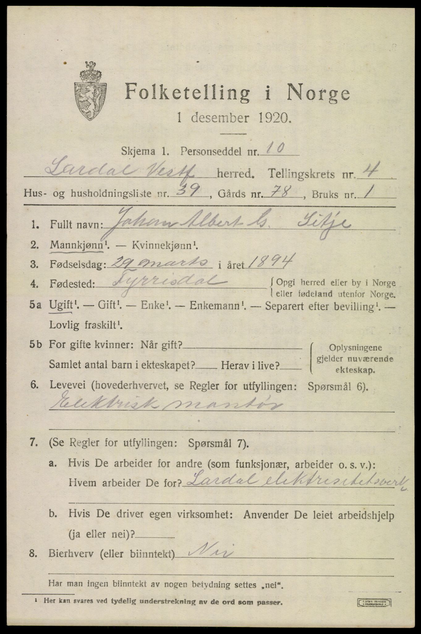 SAKO, 1920 census for Lardal, 1920, p. 4015