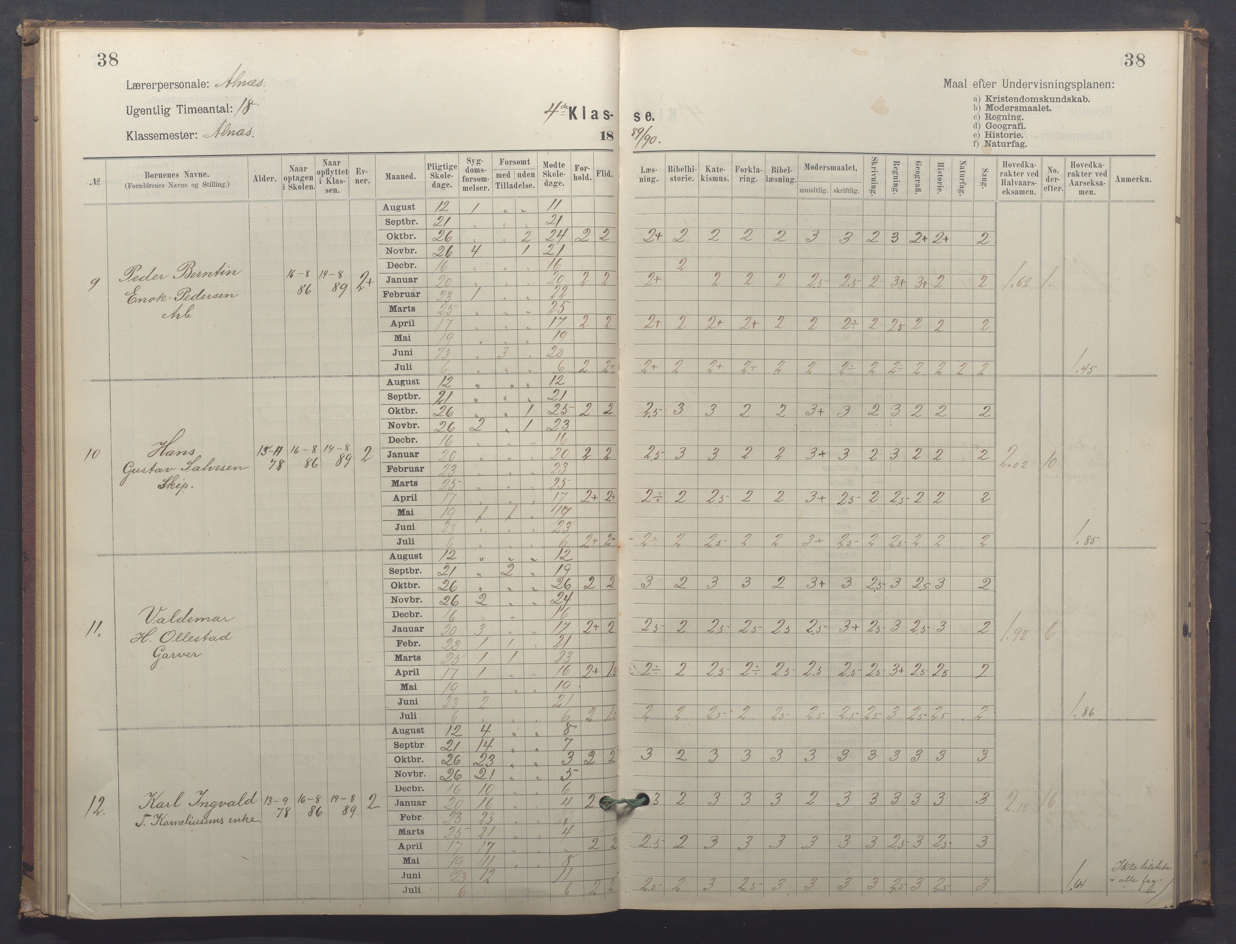 Egersund kommune (Ladested) - Egersund almueskole/folkeskole, IKAR/K-100521/H/L0025: Skoleprotokoll - Almueskolen, 4. klasse, 1887-1892, p. 38