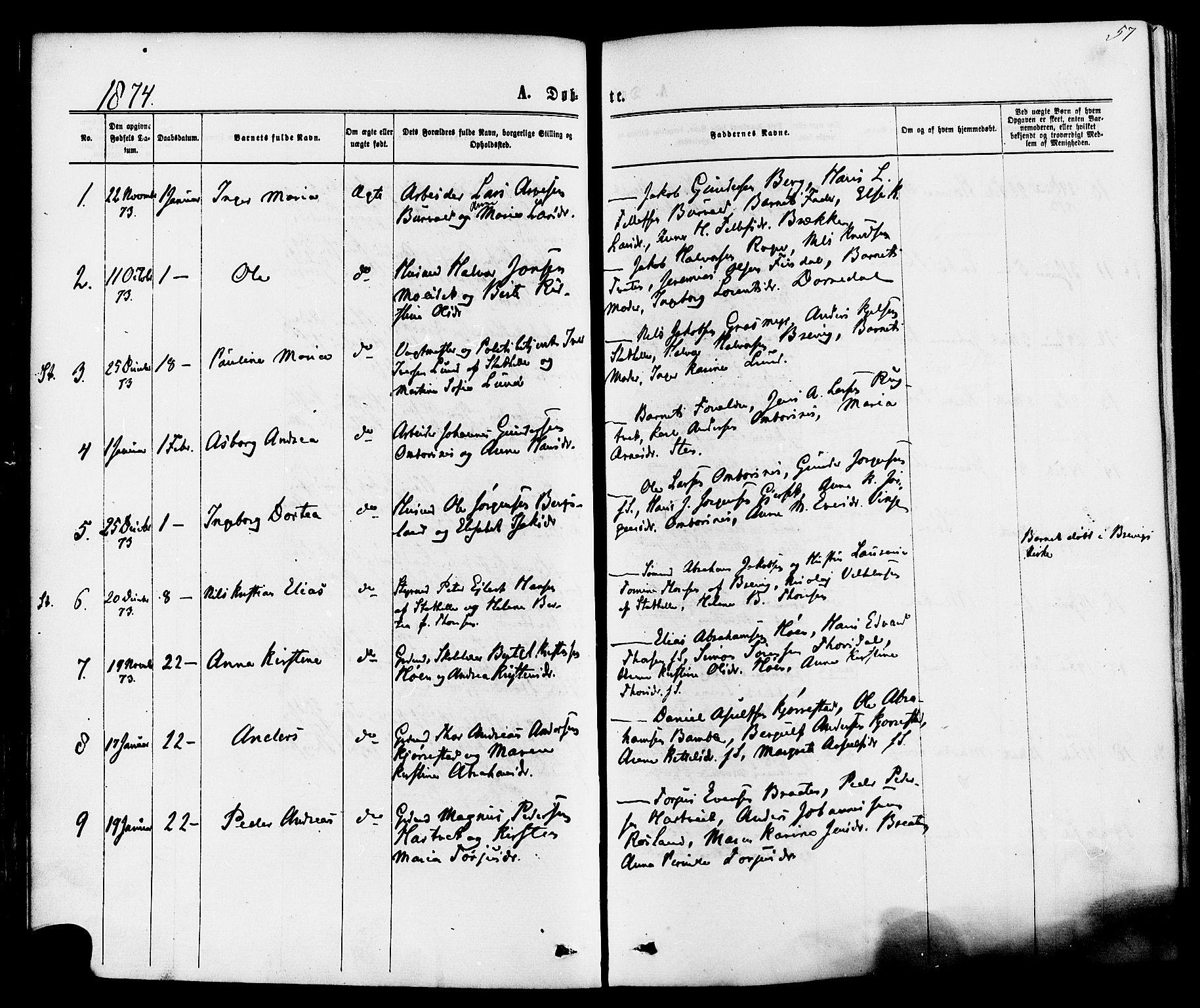 Bamble kirkebøker, SAKO/A-253/F/Fa/L0006: Parish register (official) no. I 6, 1869-1877, p. 57