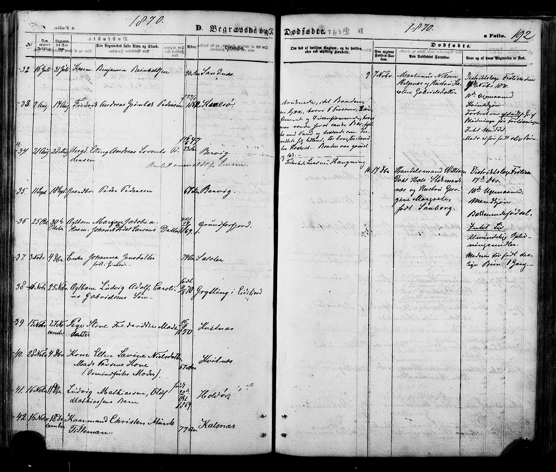 Ministerialprotokoller, klokkerbøker og fødselsregistre - Nordland, AV/SAT-A-1459/888/L1242: Parish register (official) no. 888A08, 1870-1875, p. 192