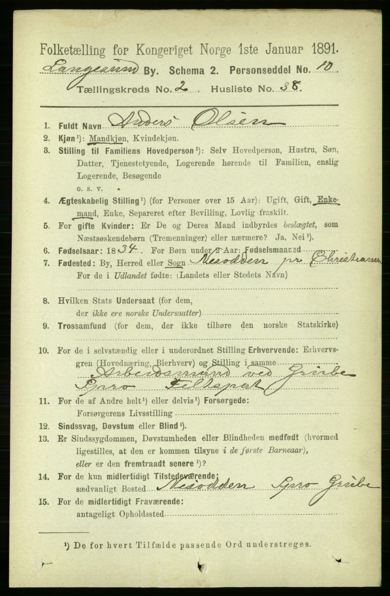 RA, 1891 census for 0802 Langesund, 1891, p. 899