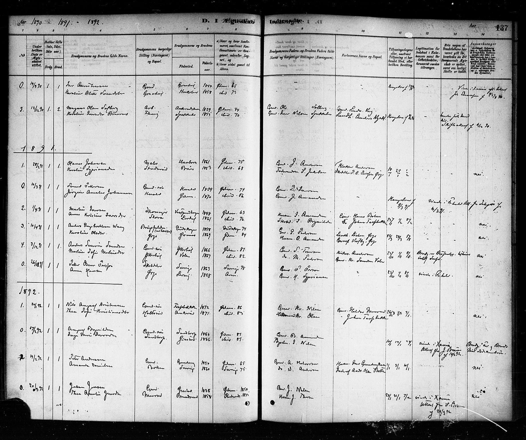 Aremark prestekontor Kirkebøker, SAO/A-10899/F/Fb/L0004: Parish register (official) no. II 4, 1878-1895, p. 137