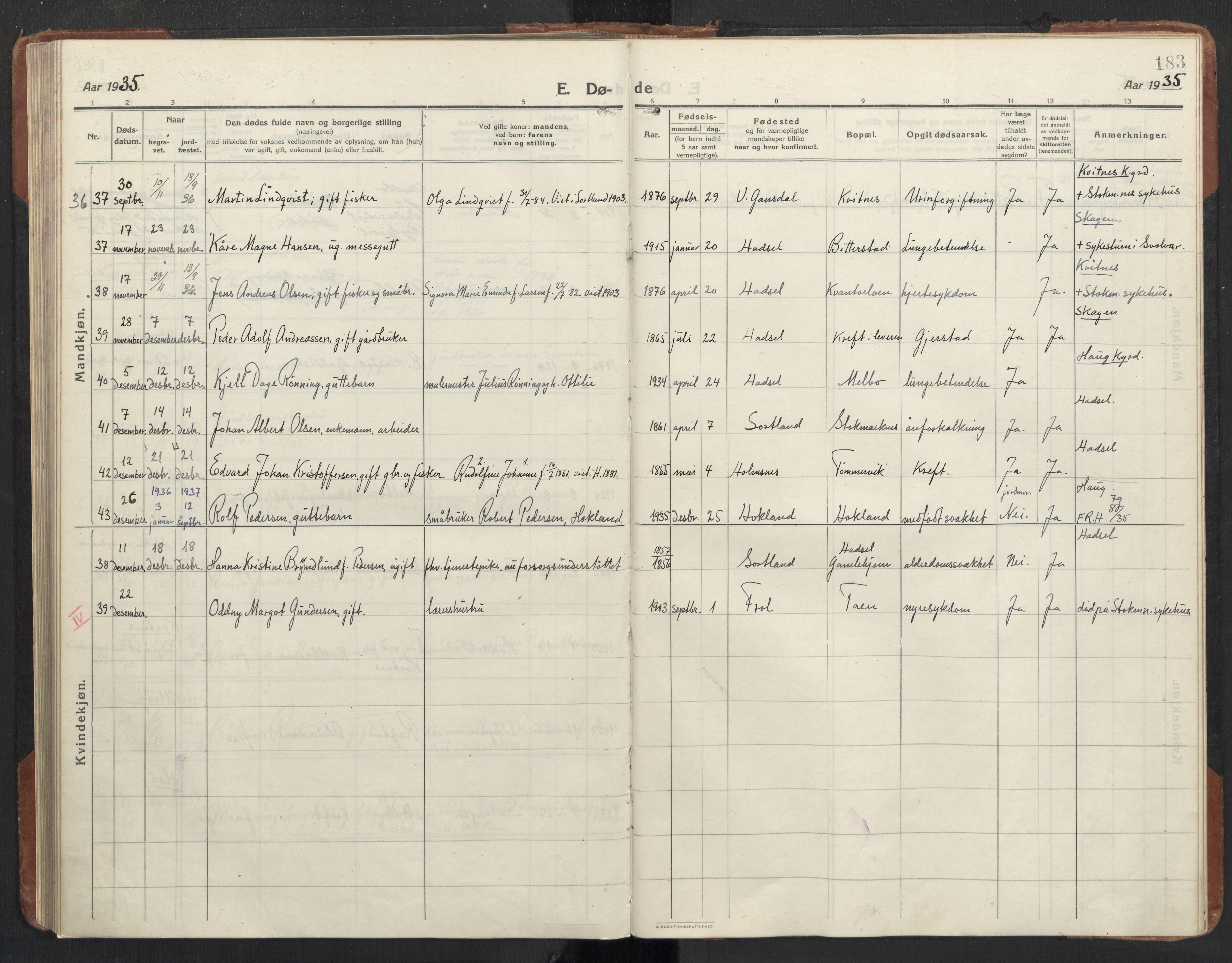 Ministerialprotokoller, klokkerbøker og fødselsregistre - Nordland, AV/SAT-A-1459/888/L1269: Parish register (copy) no. 888C11, 1913-1937, p. 183