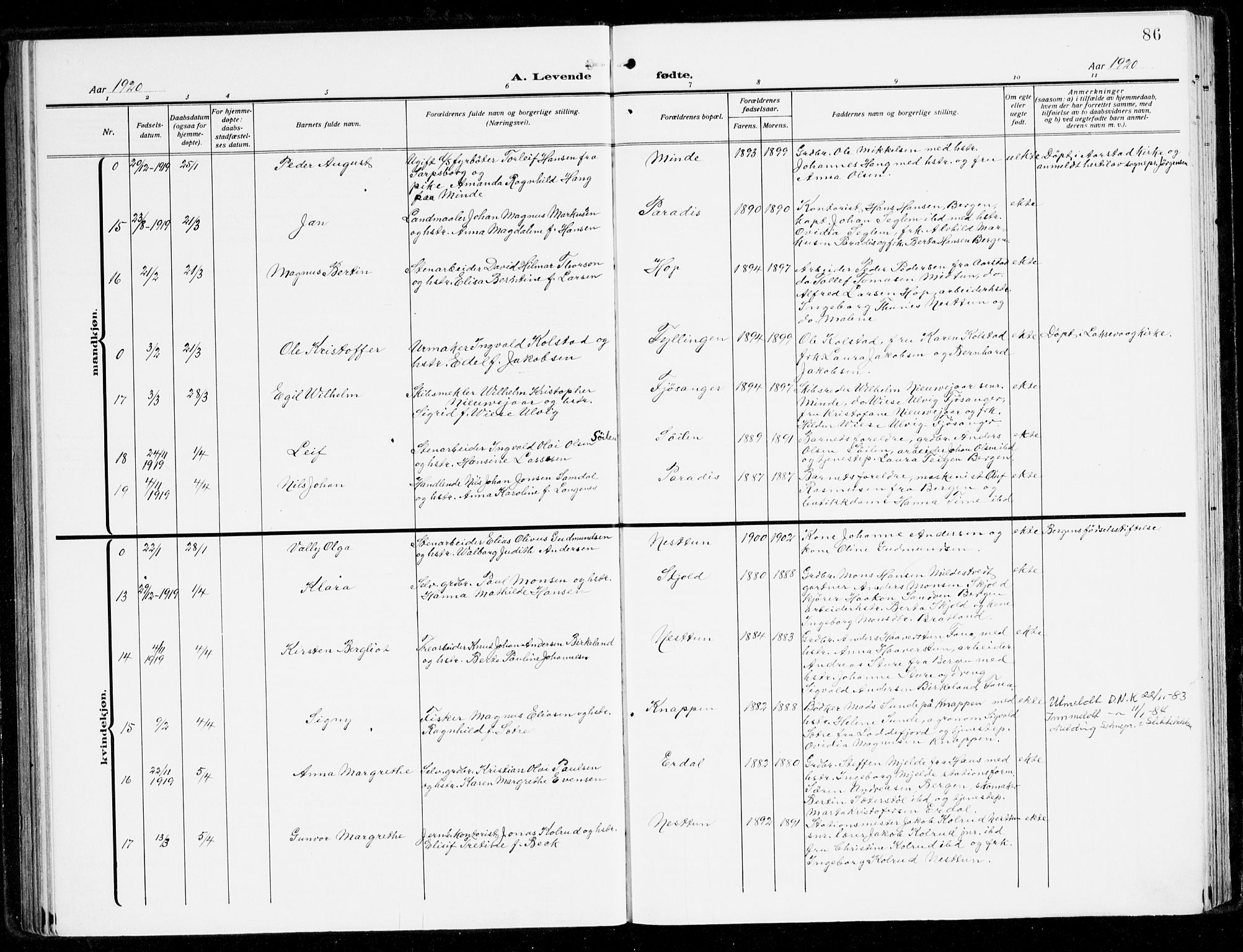 Fana Sokneprestembete, AV/SAB-A-75101/H/Haa/Haai/L0004: Parish register (official) no. I 4, 1912-1933, p. 86