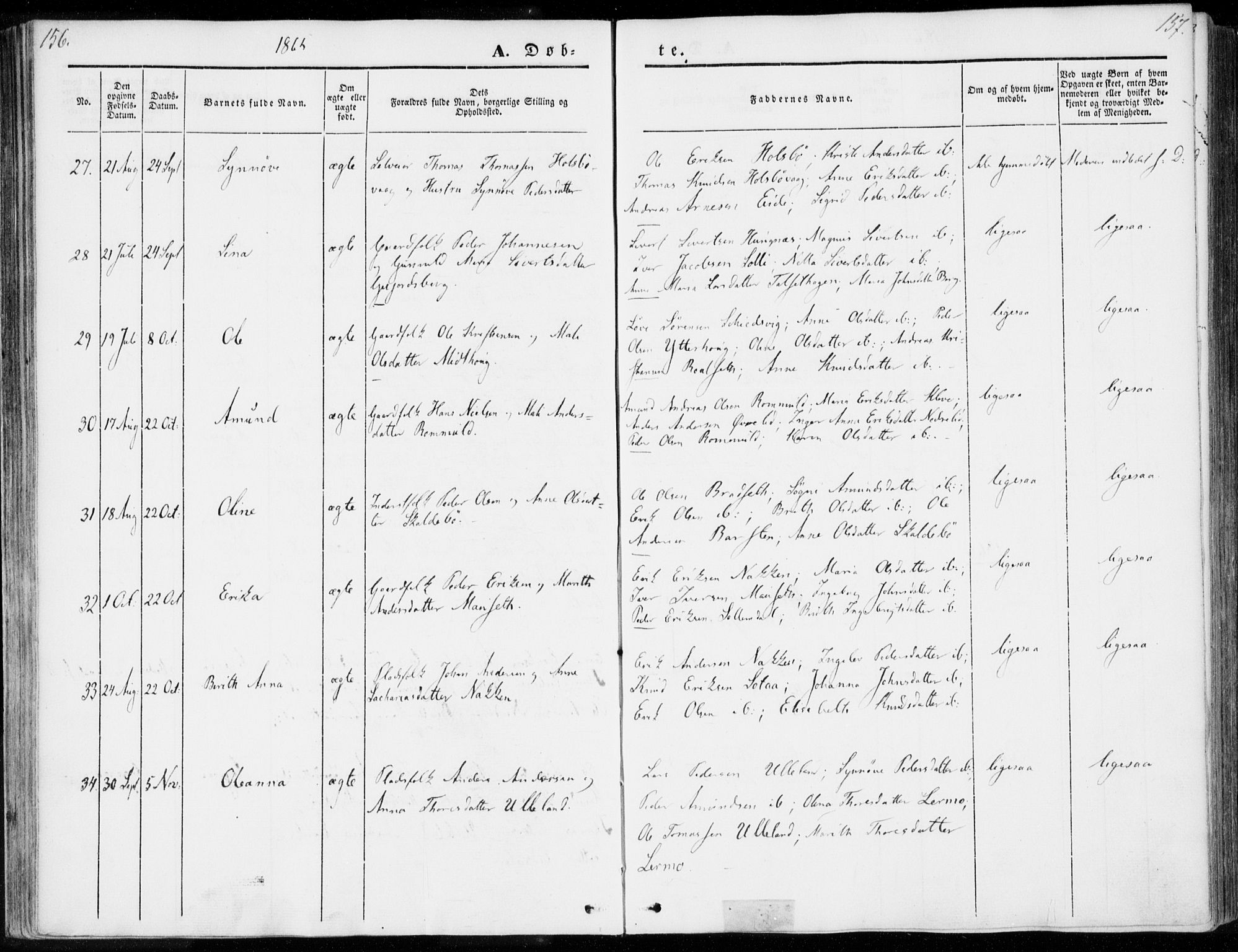 Ministerialprotokoller, klokkerbøker og fødselsregistre - Møre og Romsdal, AV/SAT-A-1454/557/L0680: Parish register (official) no. 557A02, 1843-1869, p. 156-157