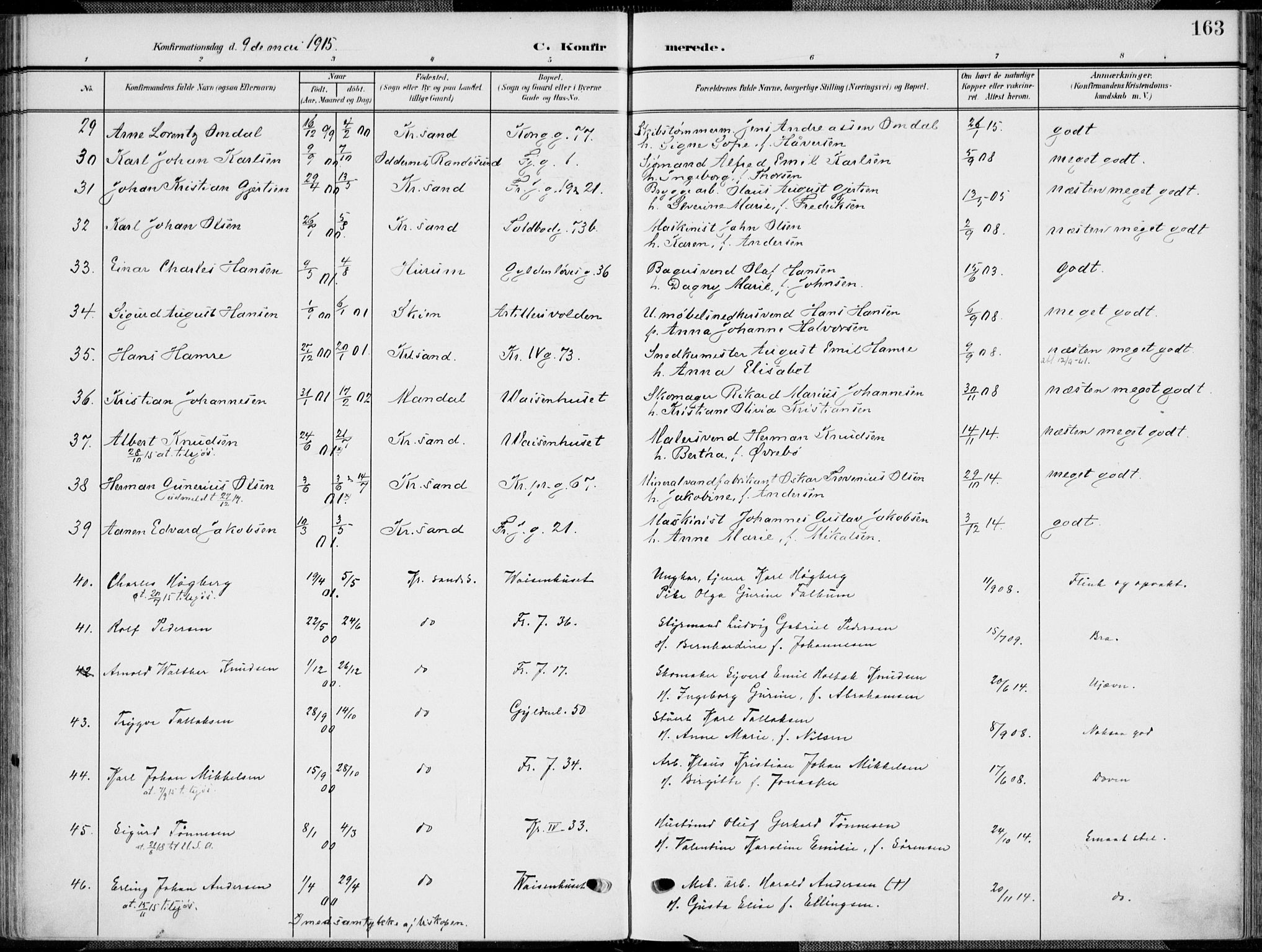 Kristiansand domprosti, AV/SAK-1112-0006/F/Fa/L0022: Parish register (official) no. A 21, 1905-1916, p. 163