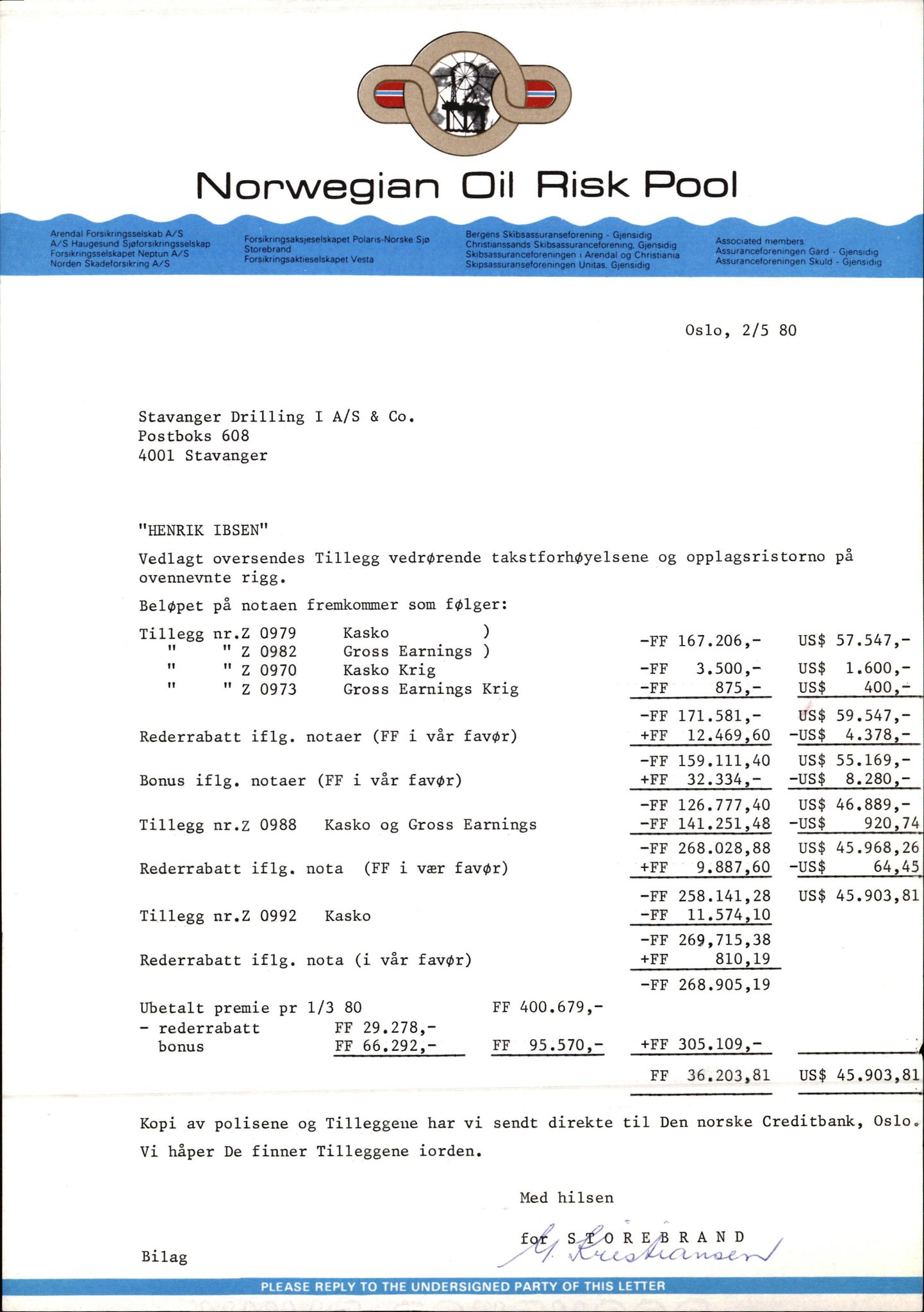 Pa 1503 - Stavanger Drilling AS, AV/SAST-A-101906/2/E/Ec/Eca/L0009: Forsikring, 1975-1980