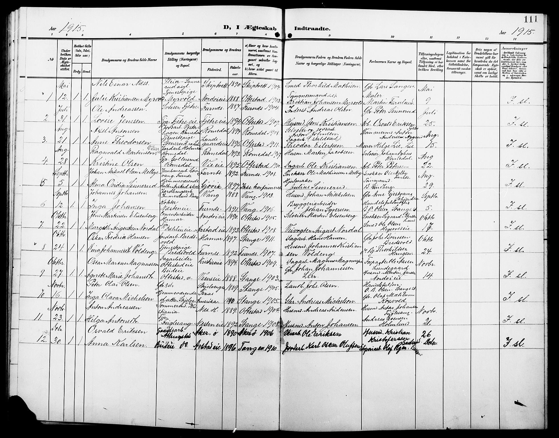 Stange prestekontor, SAH/PREST-002/L/L0013: Parish register (copy) no. 13, 1906-1915, p. 111