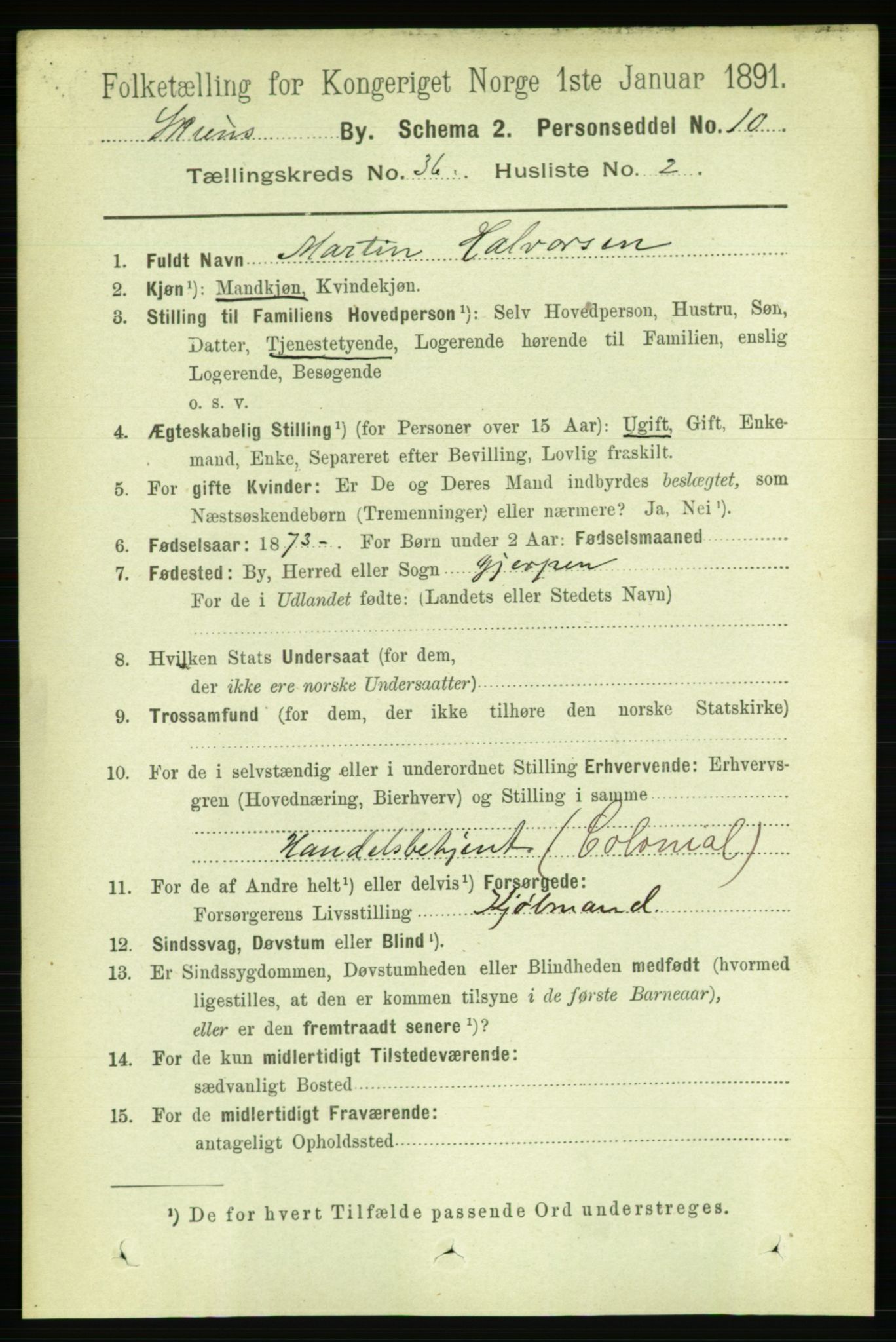 RA, 1891 census for 0806 Skien, 1891, p. 7970