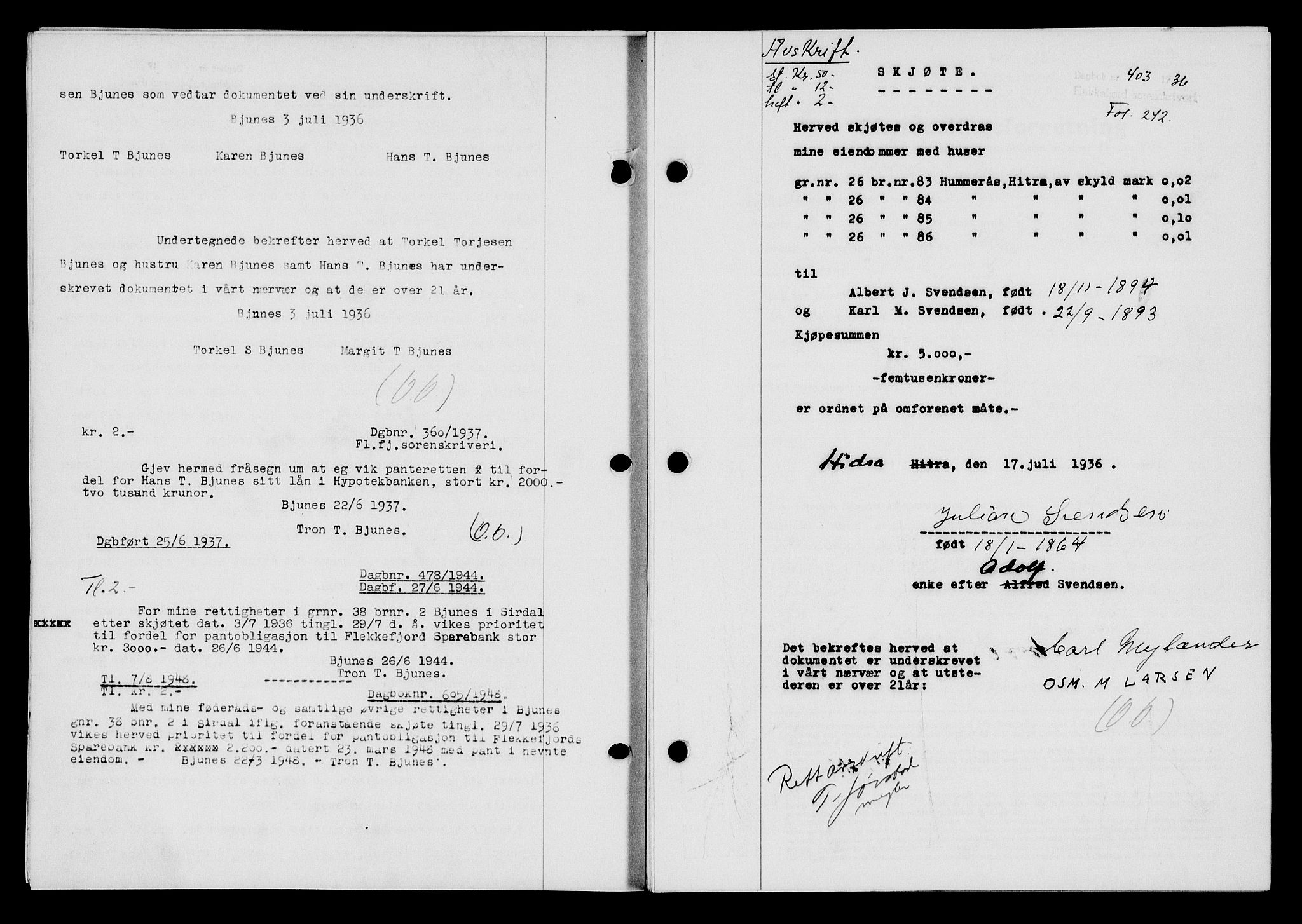 Flekkefjord sorenskriveri, SAK/1221-0001/G/Gb/Gba/L0053: Mortgage book no. A-1, 1936-1937, Diary no: : 403/1936