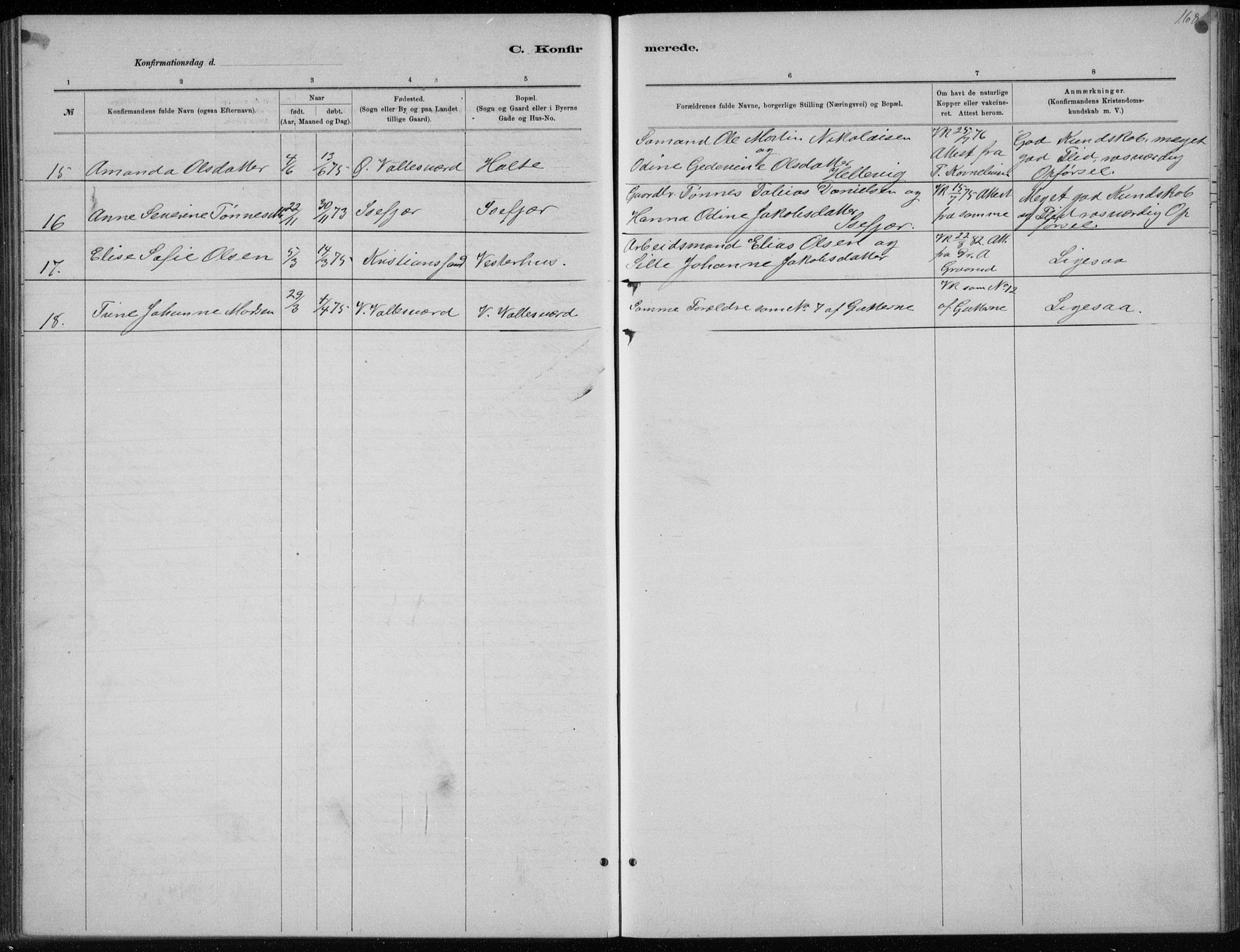 Høvåg sokneprestkontor, SAK/1111-0025/F/Fb/L0004: Parish register (copy) no. B 4, 1883-1898, p. 168