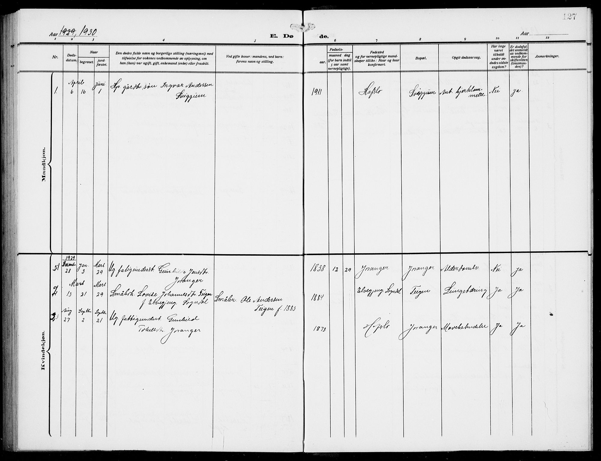 Jostedal sokneprestembete, AV/SAB-A-80601/H/Hab/Habd/L0002: Parish register (copy) no. D 2, 1910-1941, p. 127