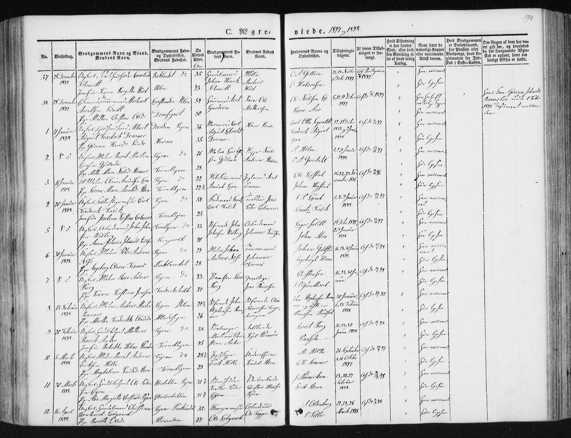 Ministerialprotokoller, klokkerbøker og fødselsregistre - Sør-Trøndelag, SAT/A-1456/602/L0110: Parish register (official) no. 602A08, 1840-1854, p. 194